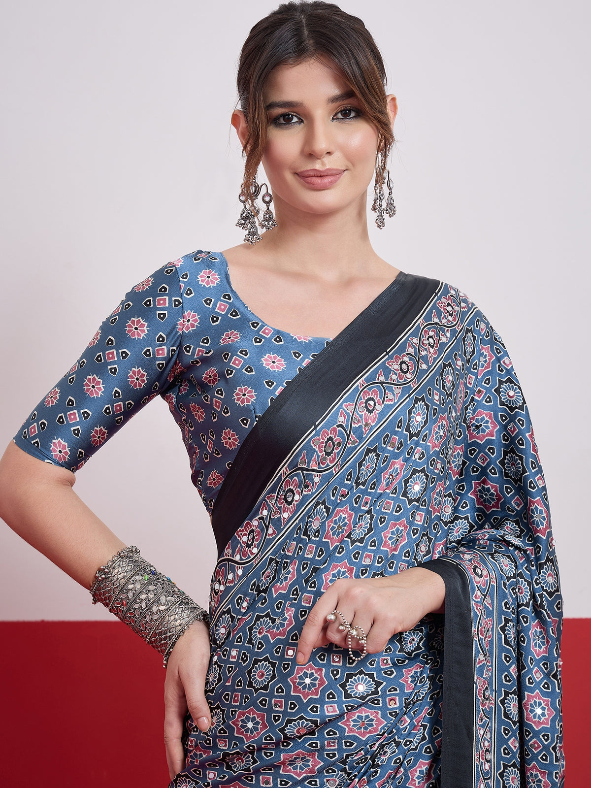 Impressive Party Wear Satin Silk Ajrak Print Mirror Work Designer Saree With Unstitched Blouse Piece