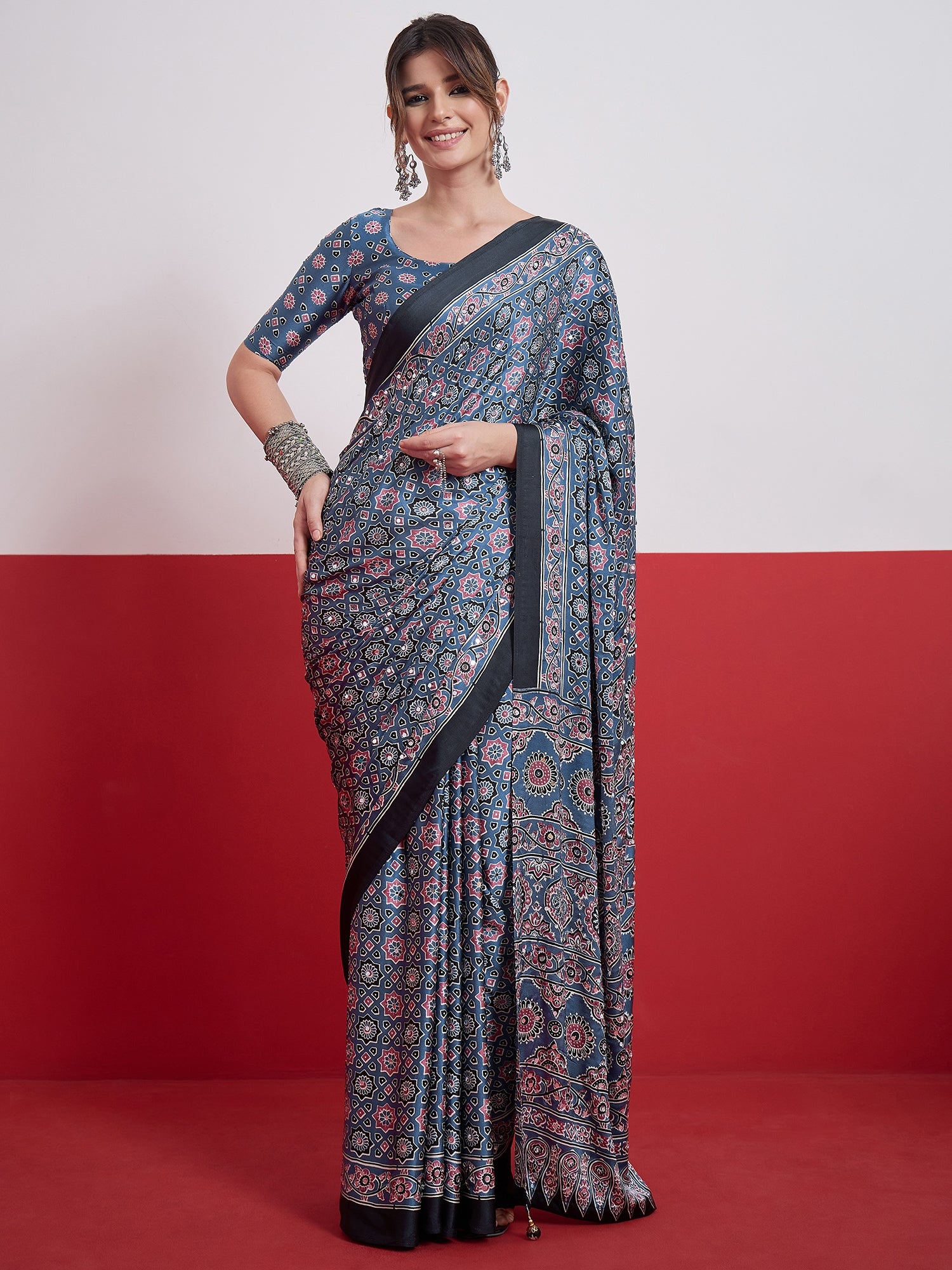 Impressive Party Wear Satin Silk Ajrak Print Mirror Work Designer Saree With Unstitched Blouse Piece