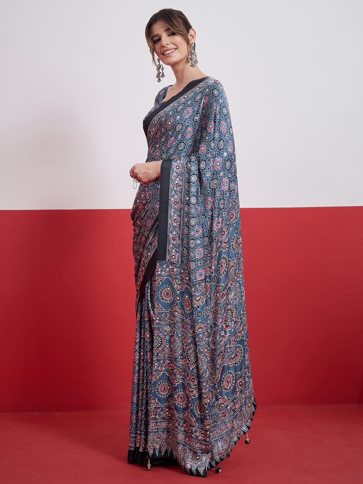 Impressive Party Wear Satin Silk Ajrak Print Mirror Work Designer Saree With Unstitched Blouse Piece