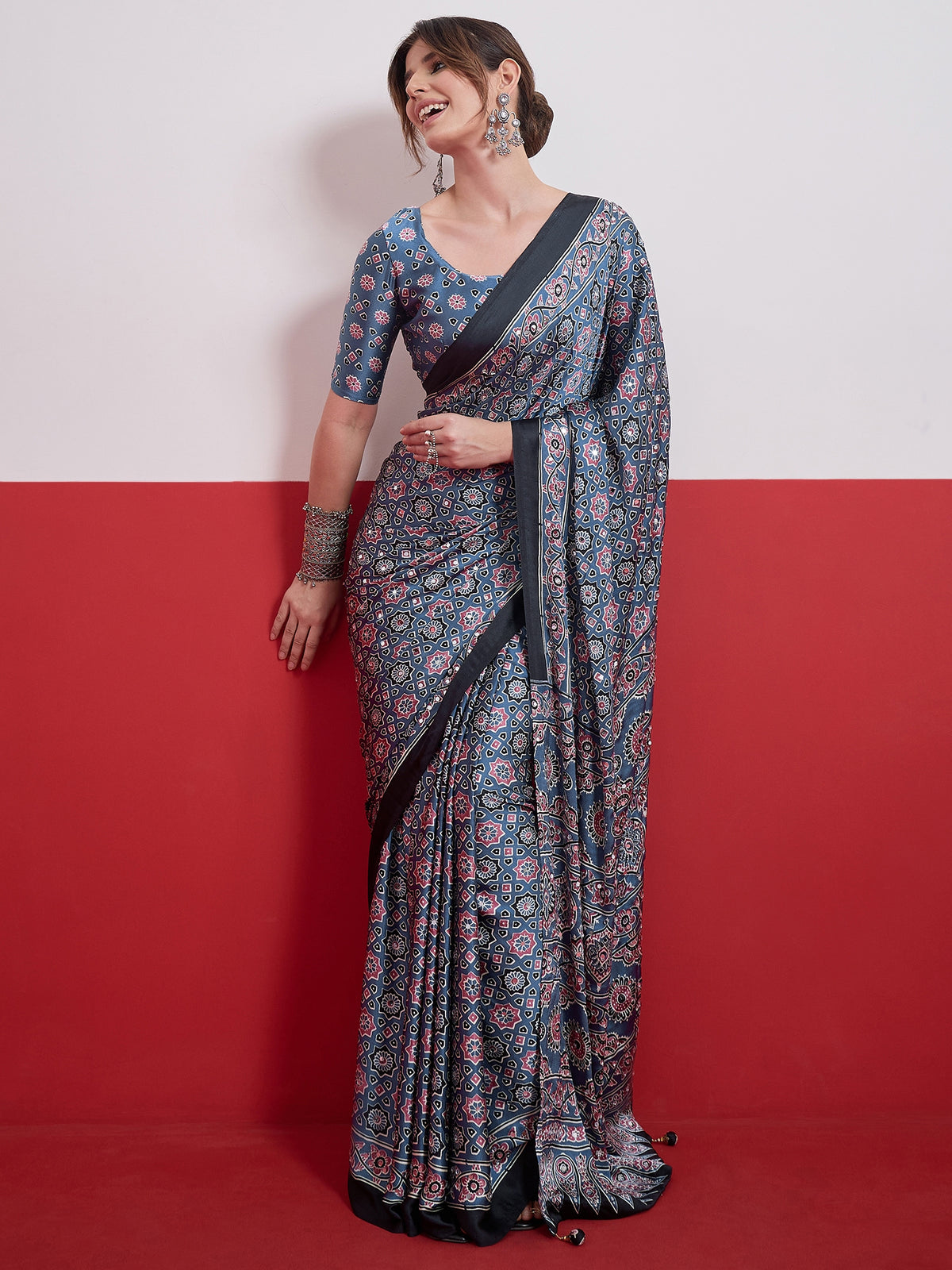 Impressive Party Wear Satin Silk Ajrak Print Mirror Work Designer Saree With Unstitched Blouse Piece