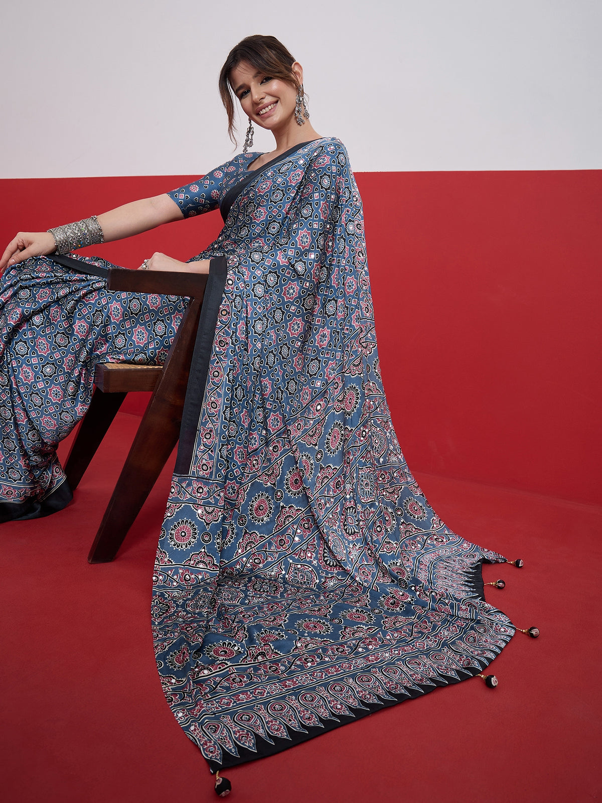 Impressive Party Wear Satin Silk Ajrak Print Mirror Work Designer Saree With Unstitched Blouse Piece