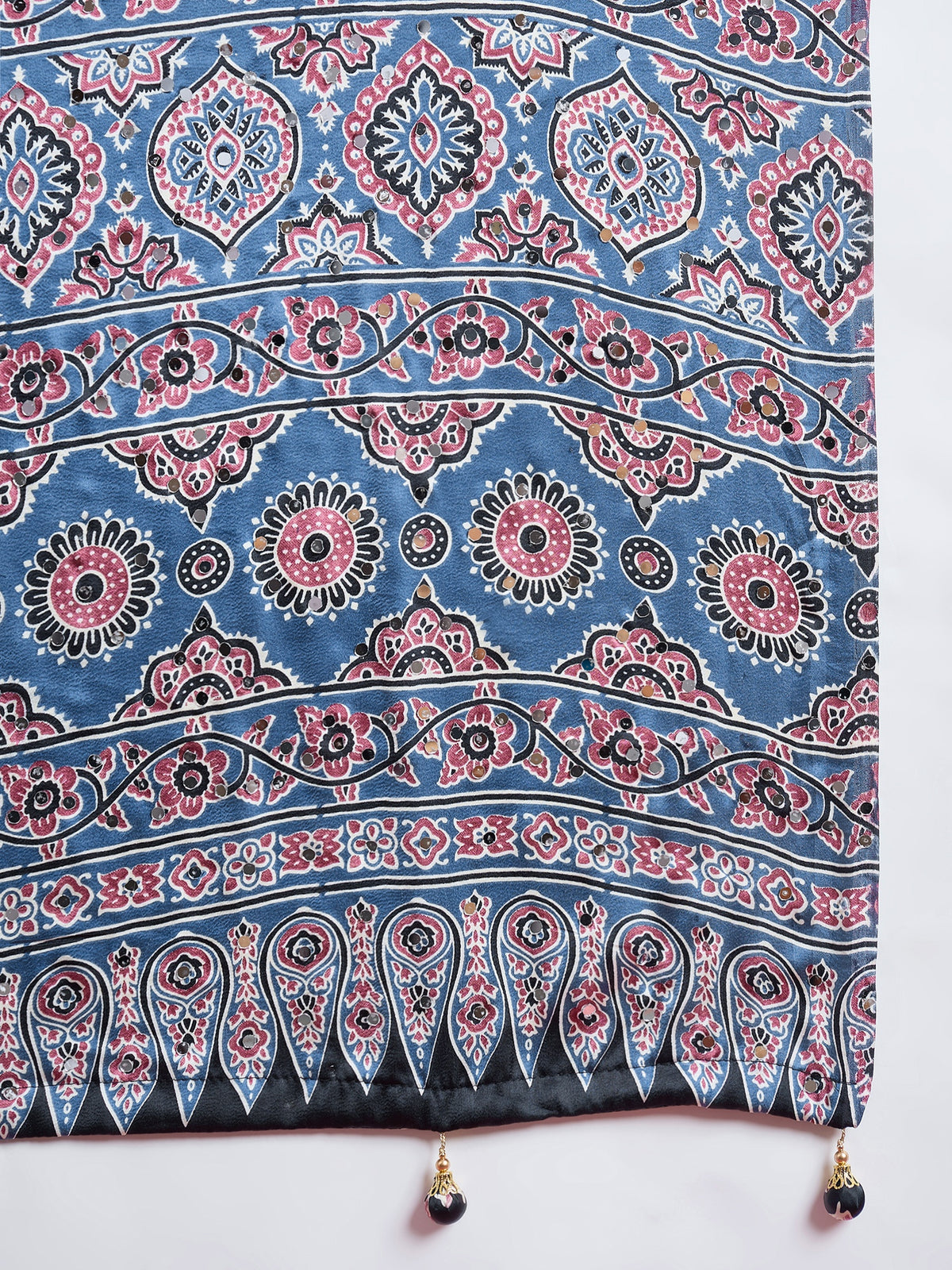 Impressive Party Wear Satin Silk Ajrak Print Mirror Work Designer Saree With Unstitched Blouse Piece
