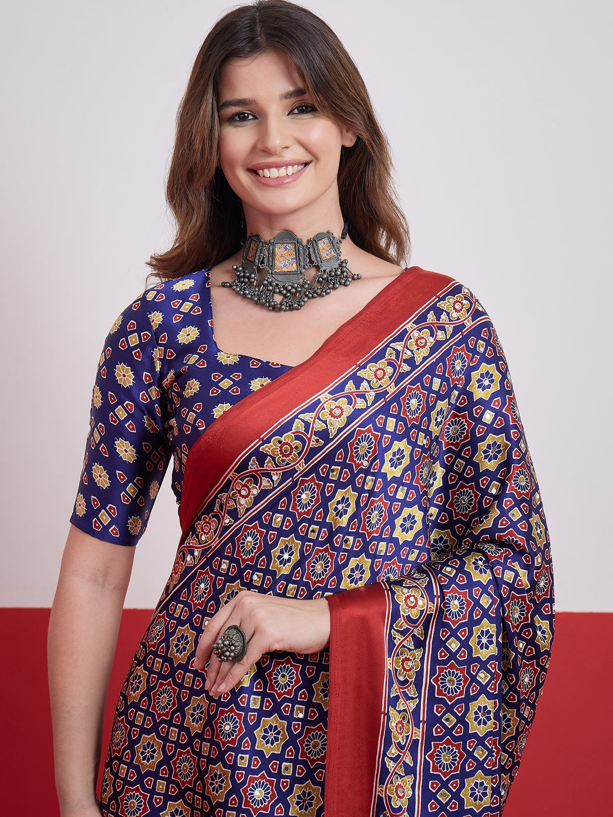 Impressive Party Wear Satin Silk Ajrak Print Mirror Work Designer Saree With Unstitched Blouse Piece