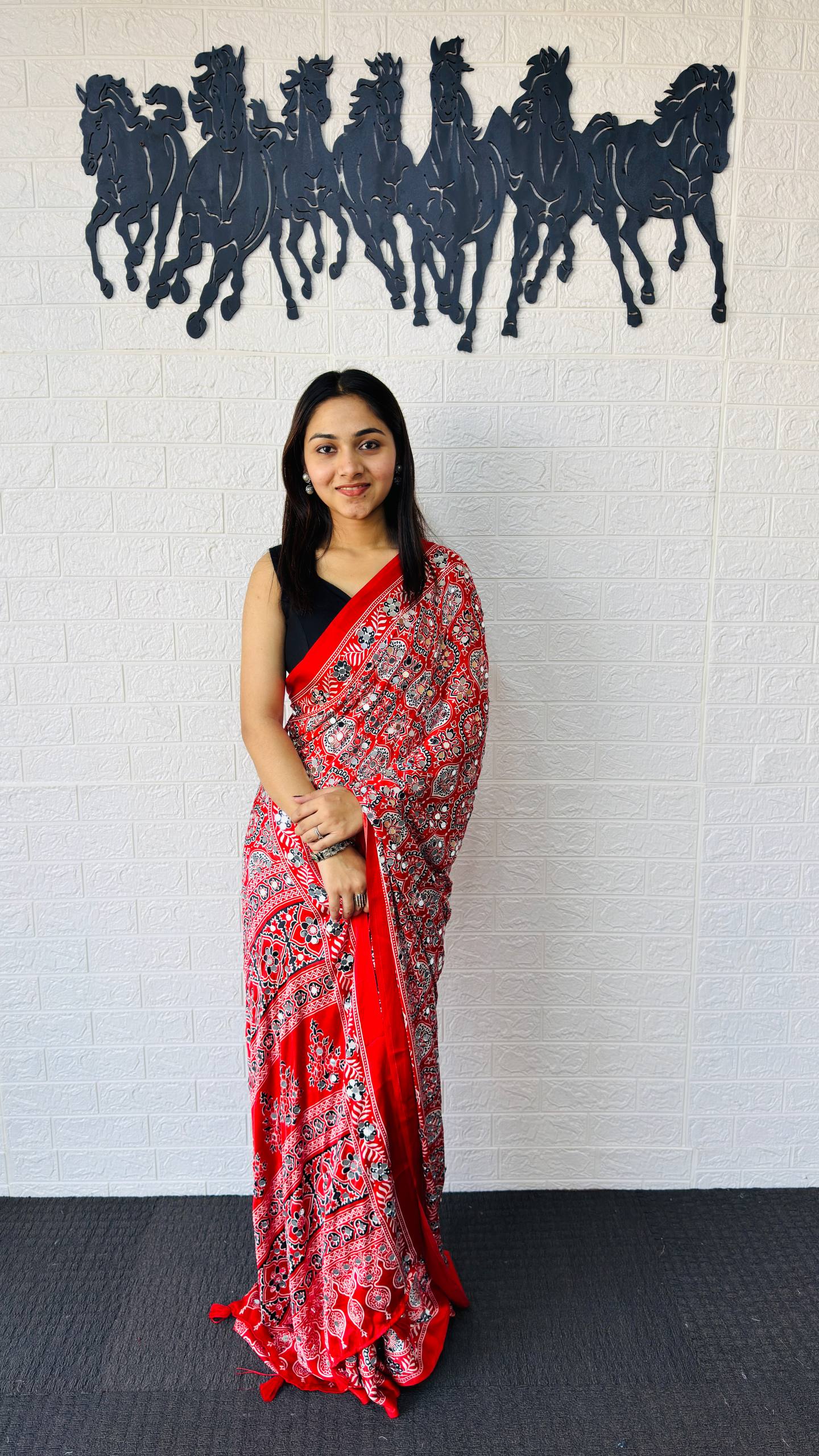 Charming Festive Wear Satin Silk Heavy Mirror n Latkan Pallu Designer Saree With Unstitched Blouse Piece