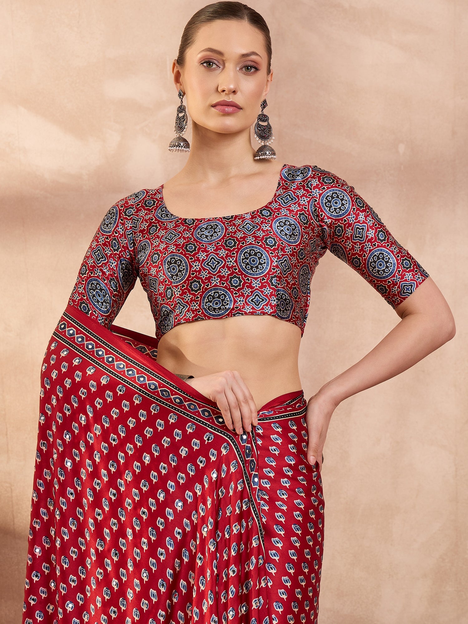 Blissful Function Wear Satin Silk Ajrak Print n Mirror Work Fancy Designer Saree With Blouse Piece