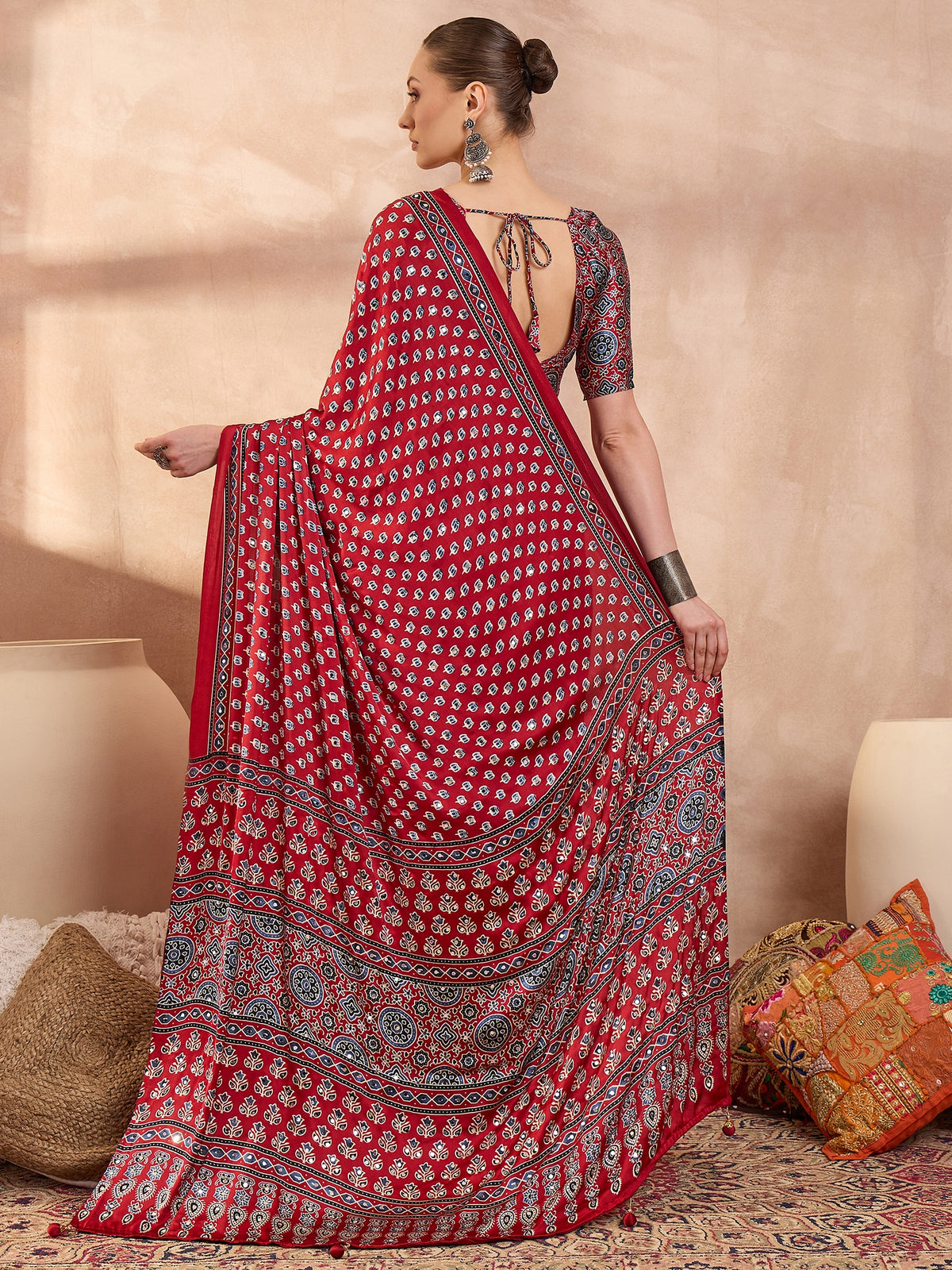 Blissful Function Wear Satin Silk Ajrak Print n Mirror Work Fancy Designer Saree With Blouse Piece