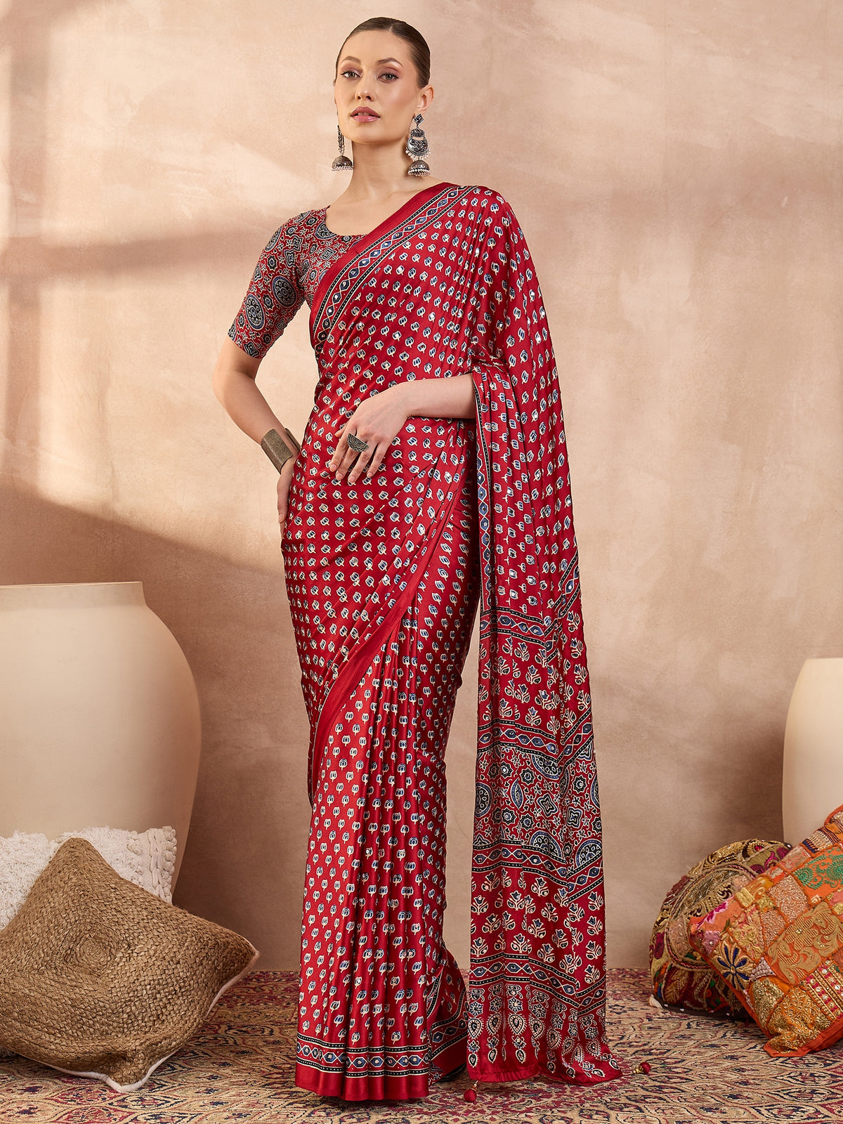 Gratifying Function Wear Pure Satin Silk Ajrak Print Rich Pallu n Mirror Work Designer Saree With Blouse Piece
