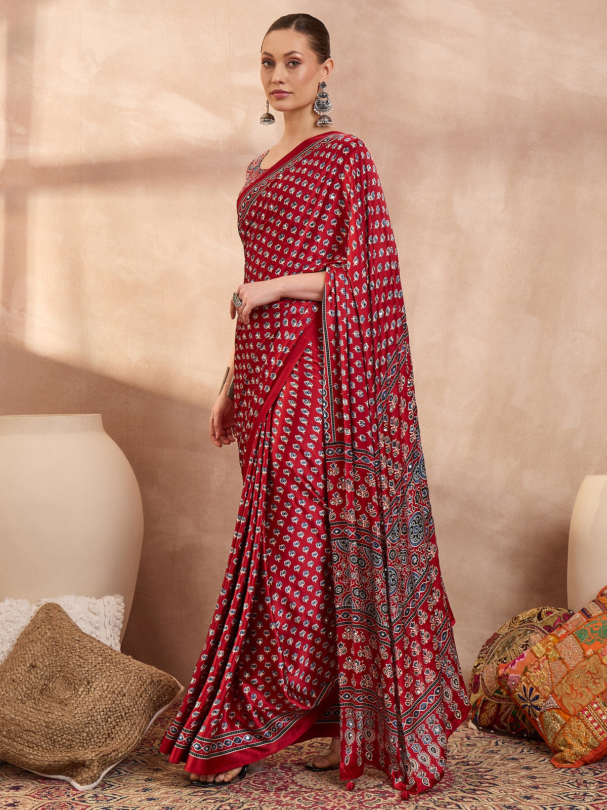 Blissful Function Wear Satin Silk Ajrak Print n Mirror Work Fancy Designer Saree With Blouse Piece