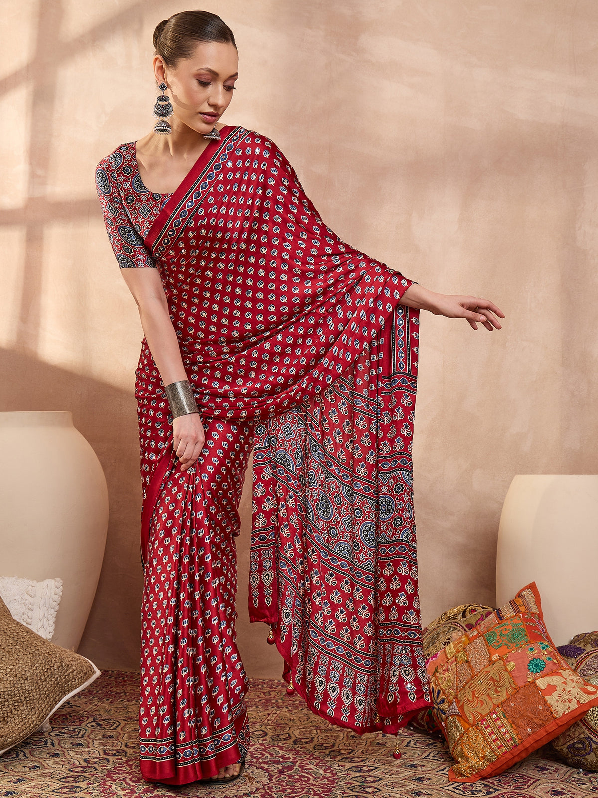 Blissful Function Wear Satin Silk Ajrak Print n Mirror Work Fancy Designer Saree With Blouse Piece