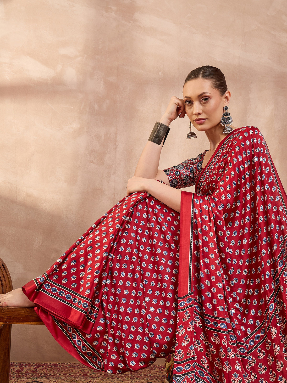 Blissful Function Wear Satin Silk Ajrak Print n Mirror Work Fancy Designer Saree With Blouse Piece