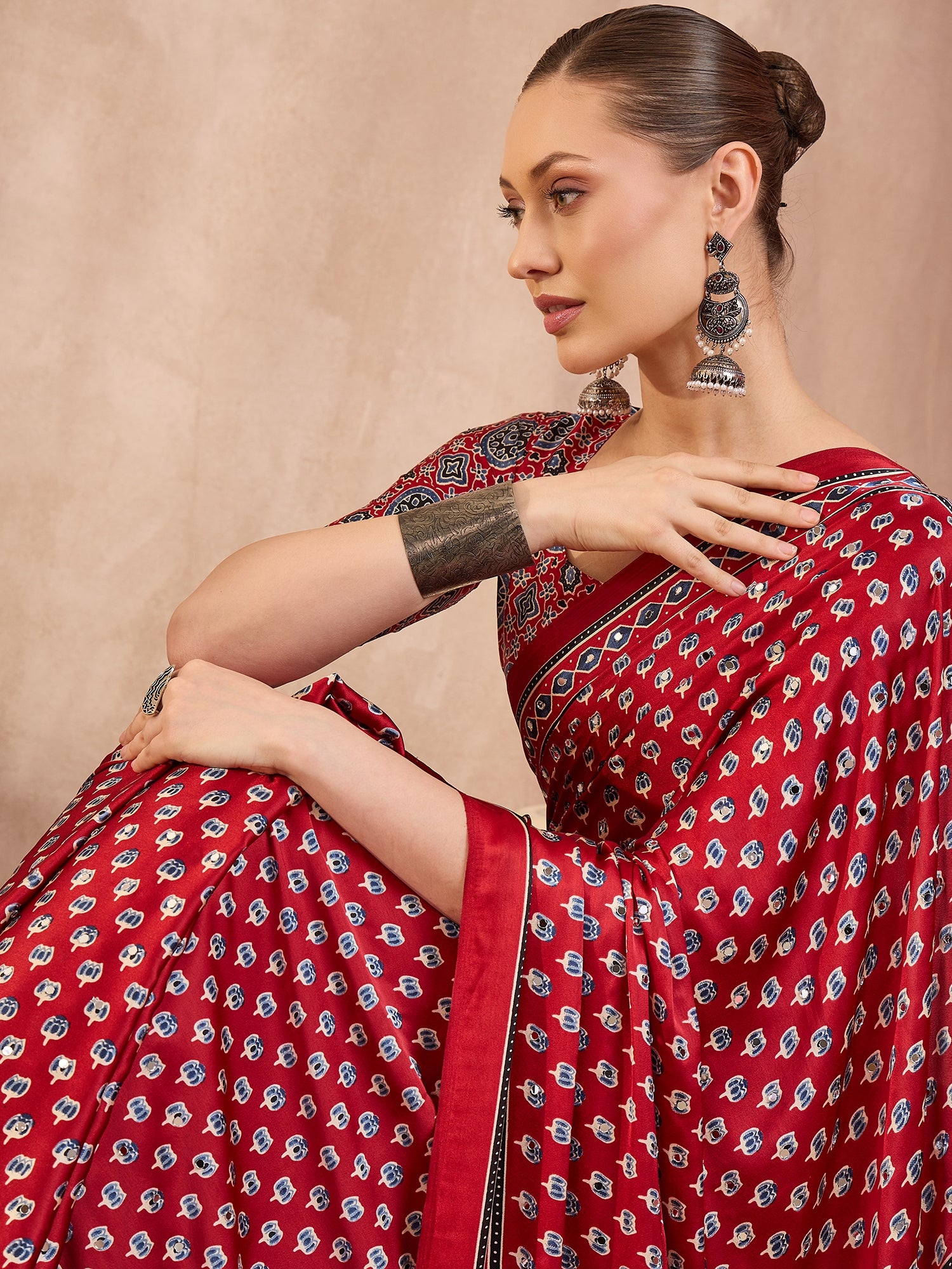 Blissful Function Wear Satin Silk Ajrak Print n Mirror Work Fancy Designer Saree With Blouse Piece