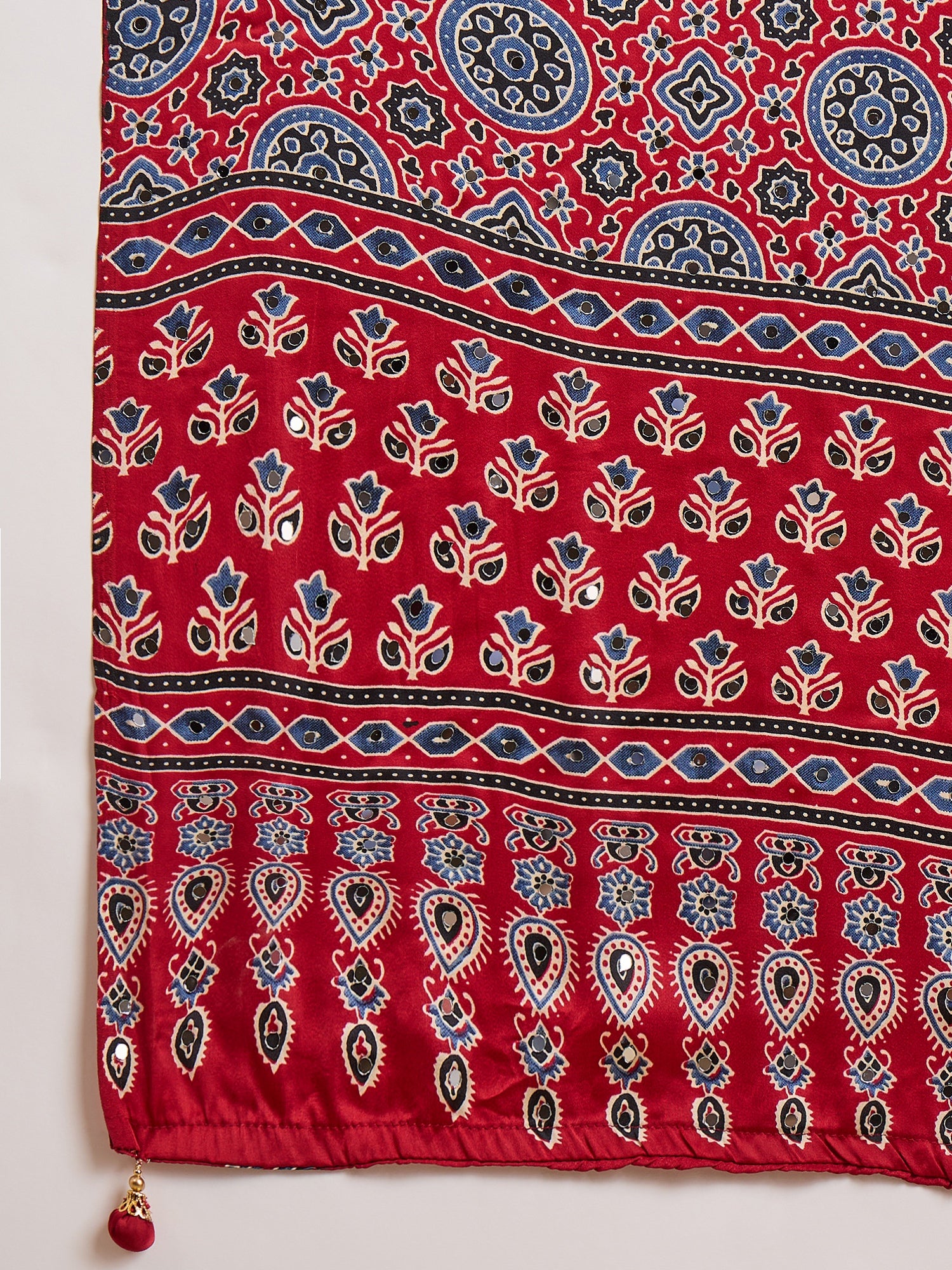 Blissful Function Wear Satin Silk Ajrak Print n Mirror Work Fancy Designer Saree With Blouse Piece