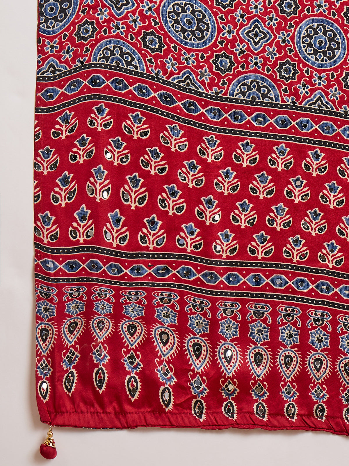 Gratifying Function Wear Pure Satin Silk Ajrak Print Rich Pallu n Mirror Work Designer Saree With Blouse Piece