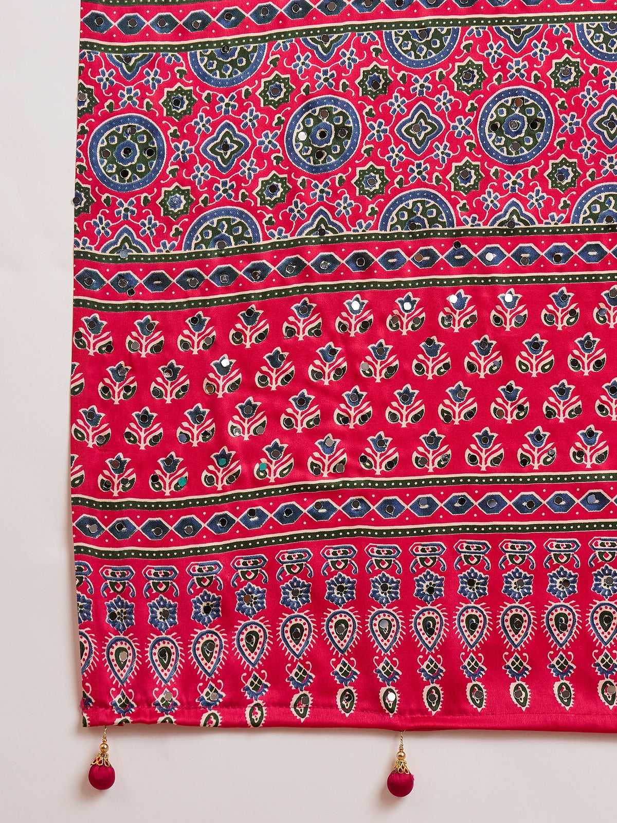 Gratifying Function Wear Pure Satin Silk Ajrak Print Rich Pallu n Mirror Work Designer Saree With Blouse Piece