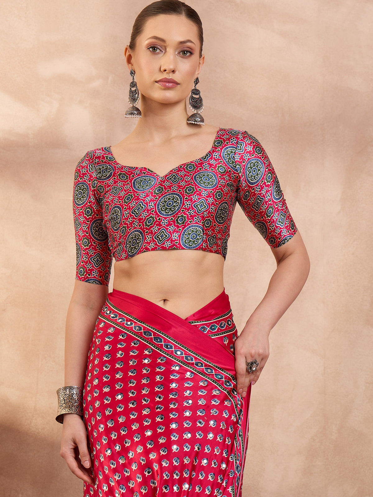 Gratifying Function Wear Pure Satin Silk Ajrak Print Rich Pallu n Mirror Work Designer Saree With Blouse Piece