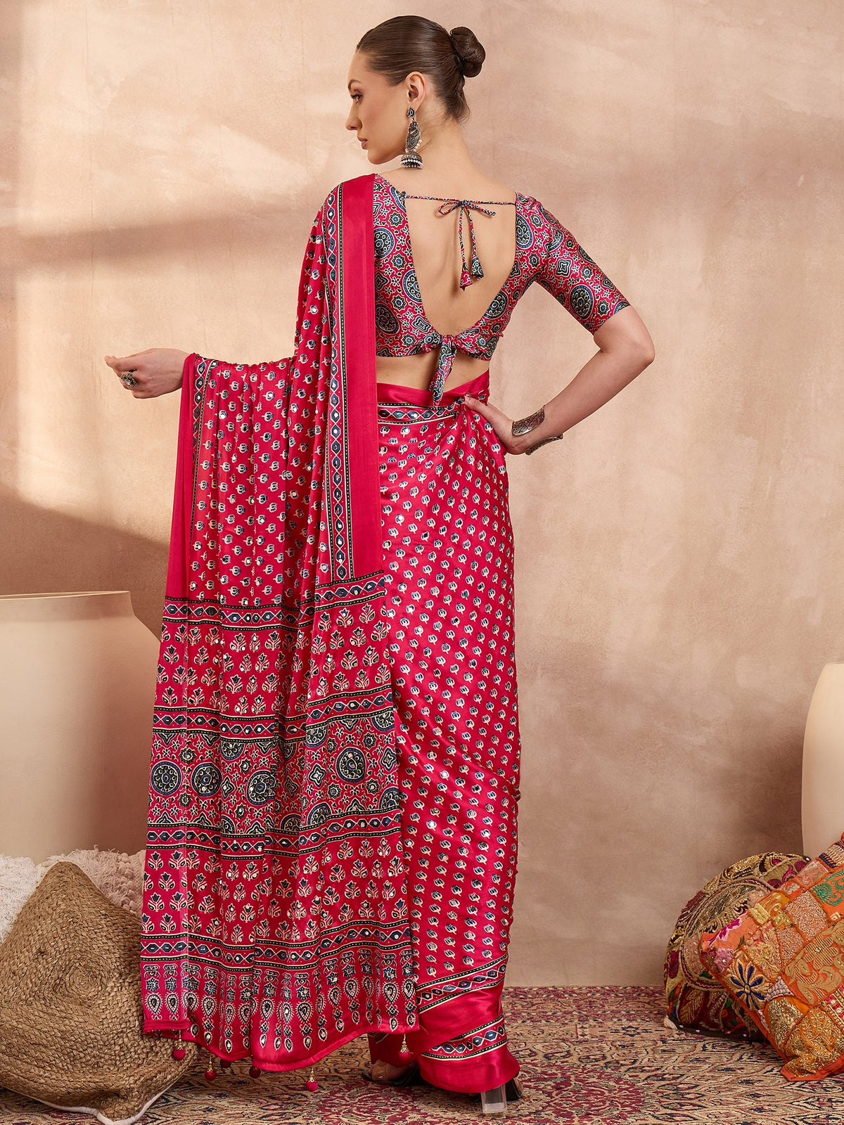 Gratifying Function Wear Pure Satin Silk Ajrak Print Rich Pallu n Mirror Work Designer Saree With Blouse Piece