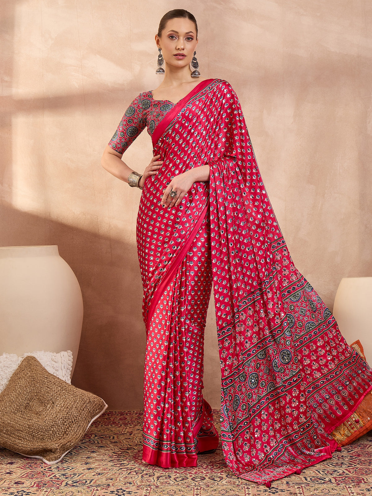 Gratifying Function Wear Pure Satin Silk Ajrak Print Rich Pallu n Mirror Work Designer Saree With Blouse Piece