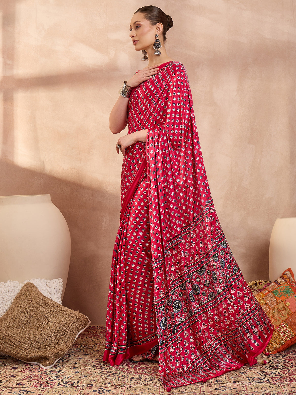Gratifying Function Wear Pure Satin Silk Ajrak Print Rich Pallu n Mirror Work Designer Saree With Blouse Piece