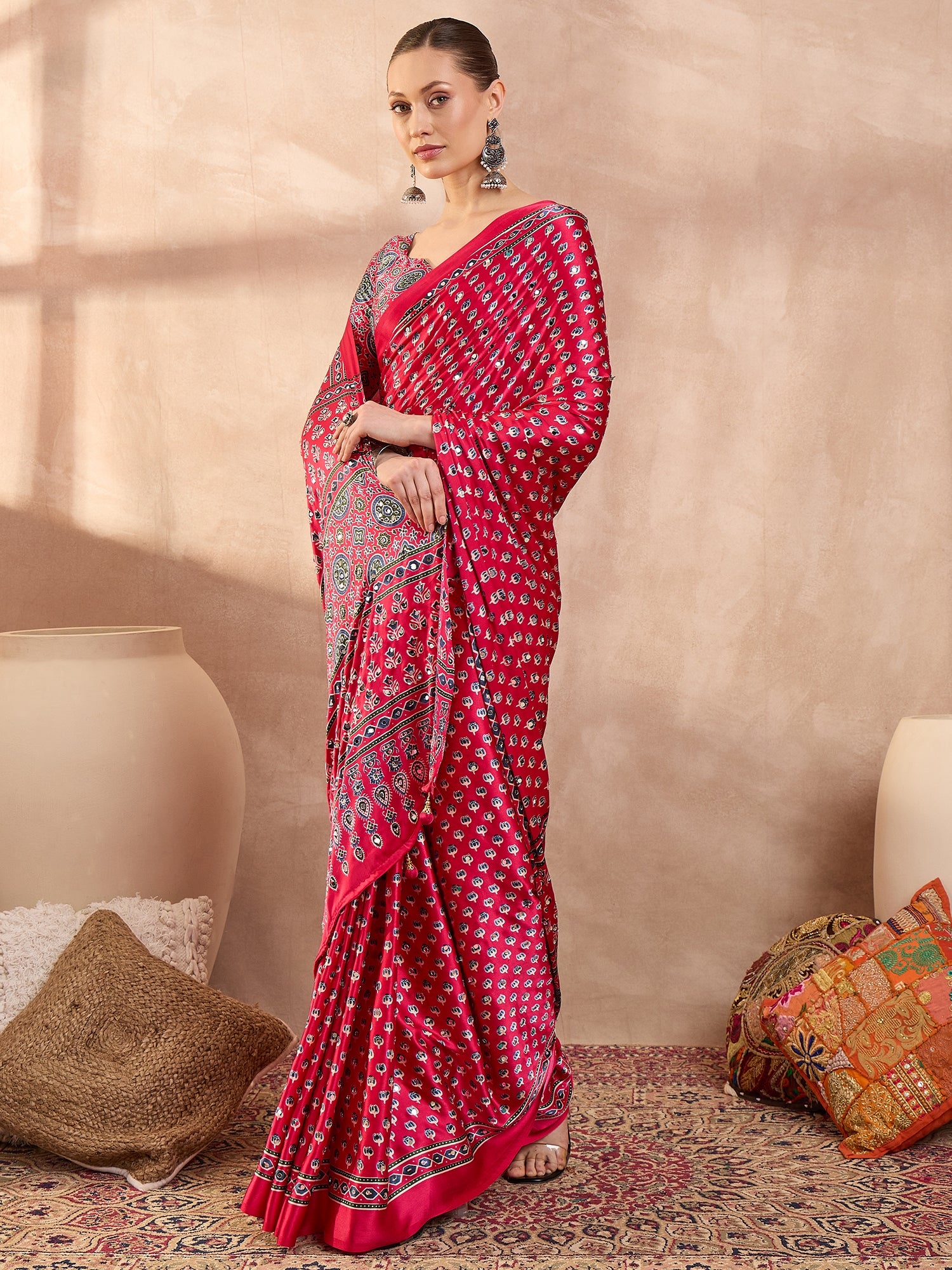 Gratifying Function Wear Pure Satin Silk Ajrak Print Rich Pallu n Mirror Work Designer Saree With Blouse Piece