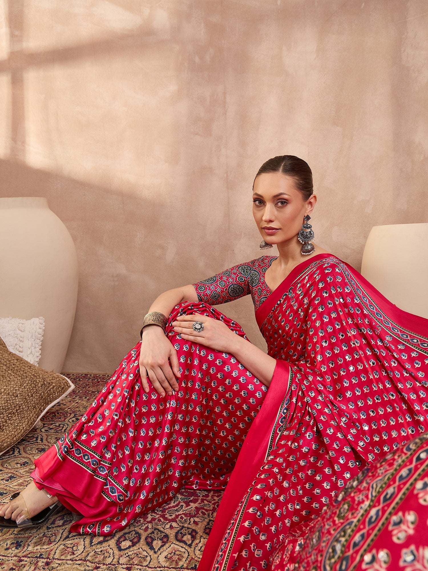 Gratifying Function Wear Pure Satin Silk Ajrak Print Rich Pallu n Mirror Work Designer Saree With Blouse Piece