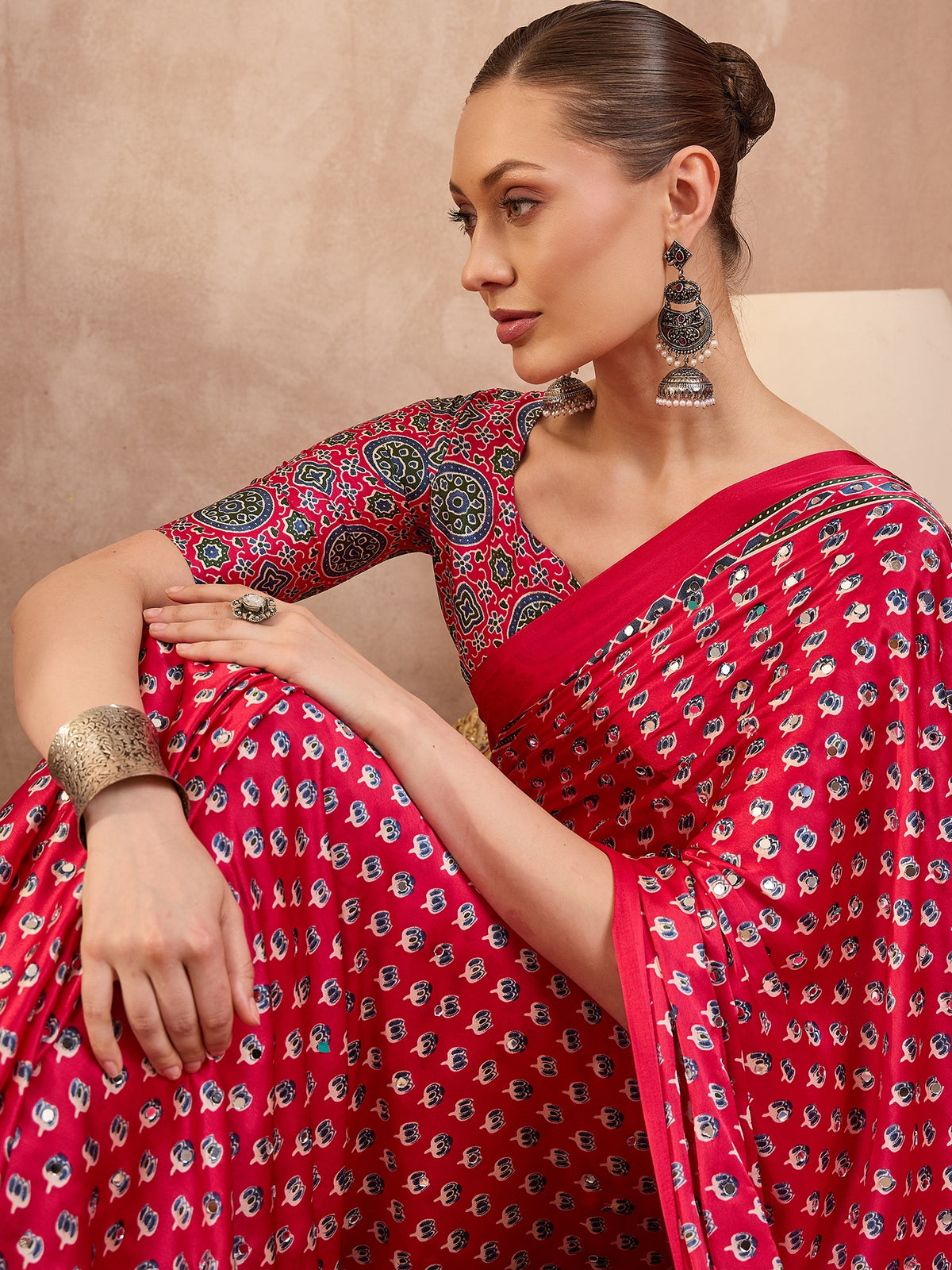 Gratifying Function Wear Pure Satin Silk Ajrak Print Rich Pallu n Mirror Work Designer Saree With Blouse Piece