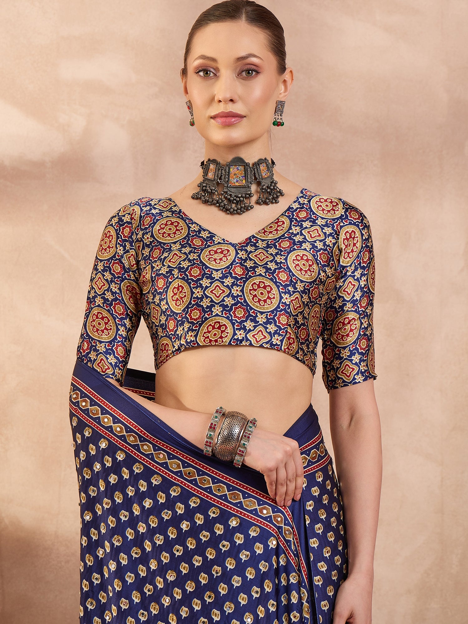 Blissful Function Wear Satin Silk Ajrak Print n Mirror Work Fancy Designer Saree With Blouse Piece