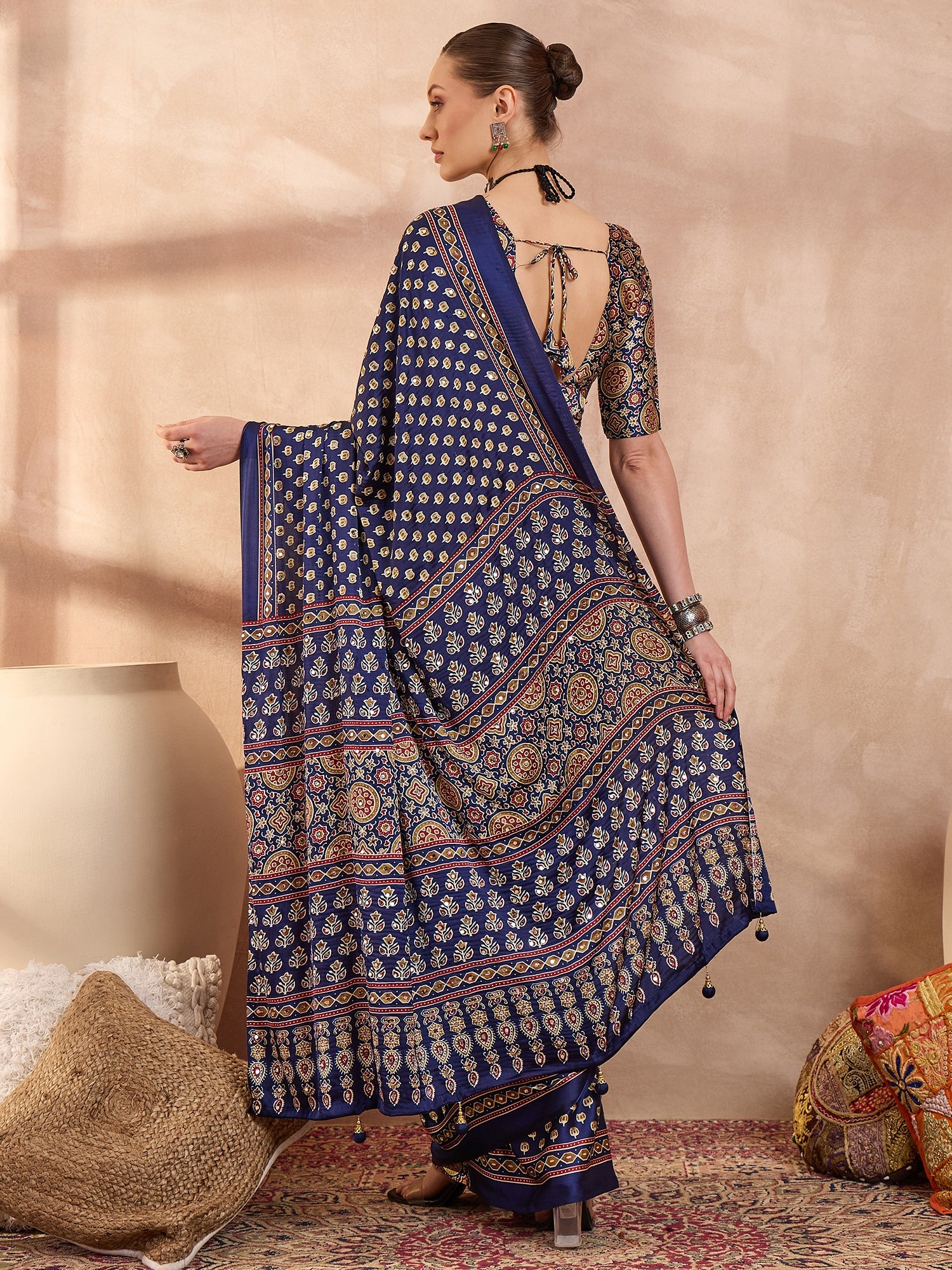 Gratifying Function Wear Pure Satin Silk Ajrak Print Rich Pallu n Mirror Work Designer Saree With Blouse Piece