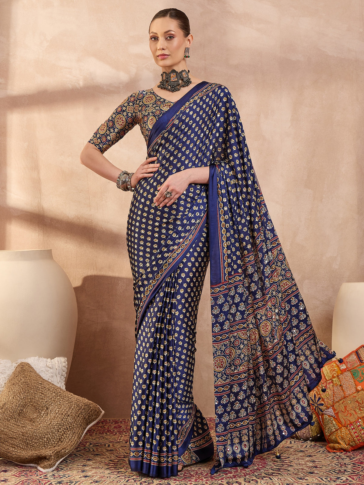Gratifying Function Wear Pure Satin Silk Ajrak Print Rich Pallu n Mirror Work Designer Saree With Blouse Piece