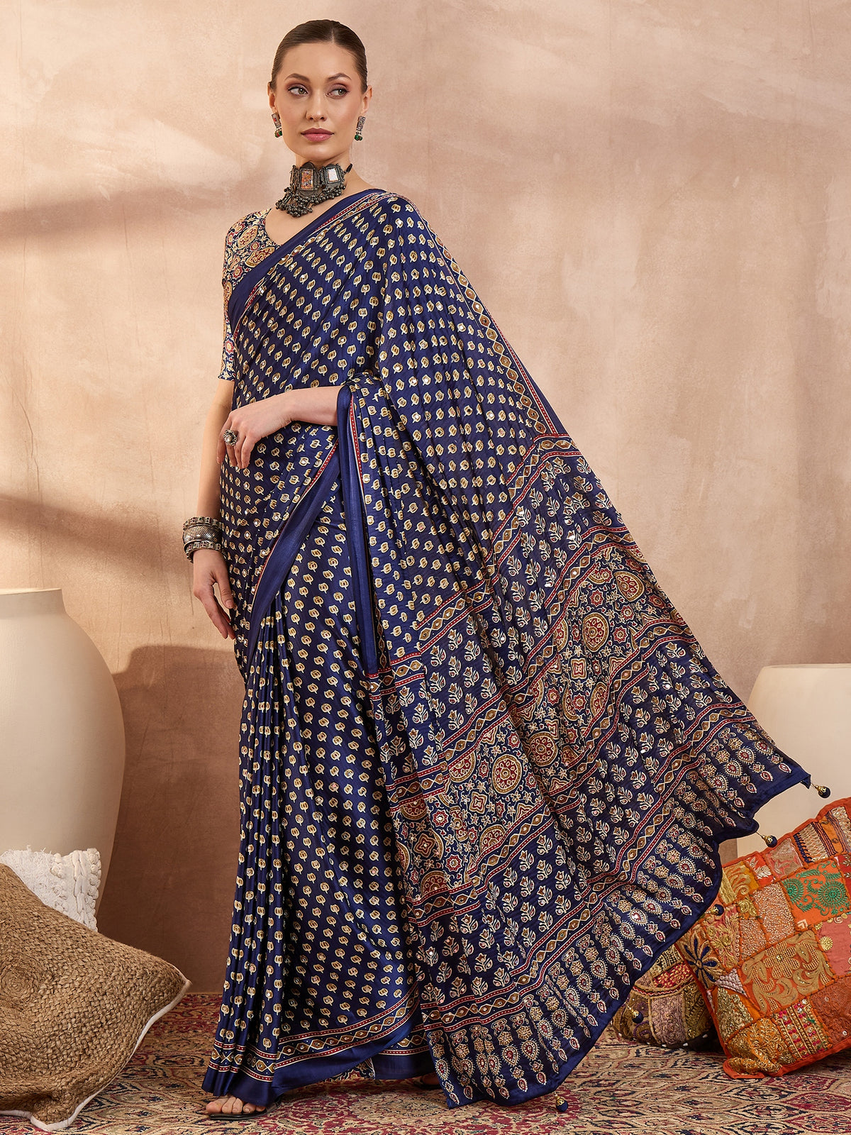 Blissful Function Wear Satin Silk Ajrak Print n Mirror Work Fancy Designer Saree With Blouse Piece