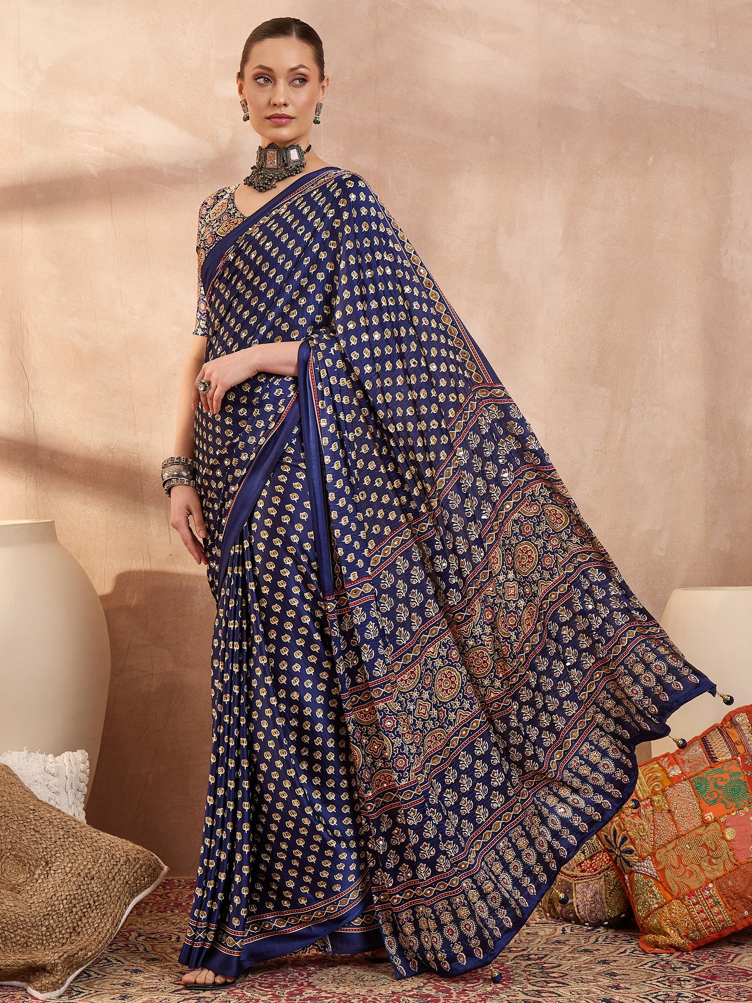 Gratifying Function Wear Pure Satin Silk Ajrak Print Rich Pallu n Mirror Work Designer Saree With Blouse Piece