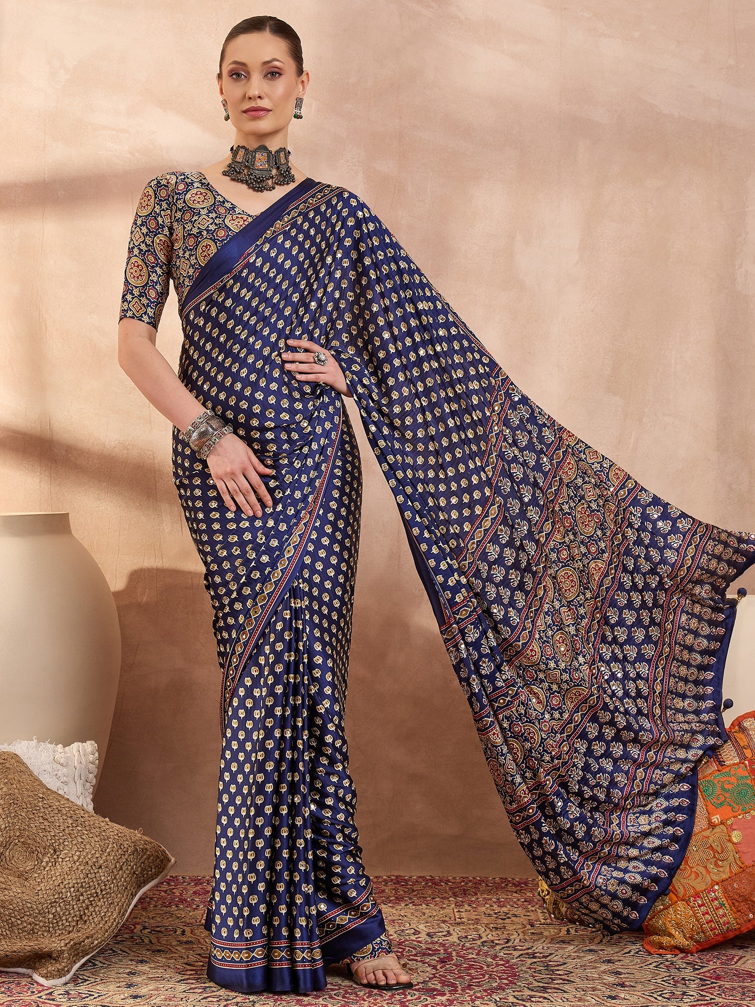 Blissful Function Wear Satin Silk Ajrak Print n Mirror Work Fancy Designer Saree With Blouse Piece