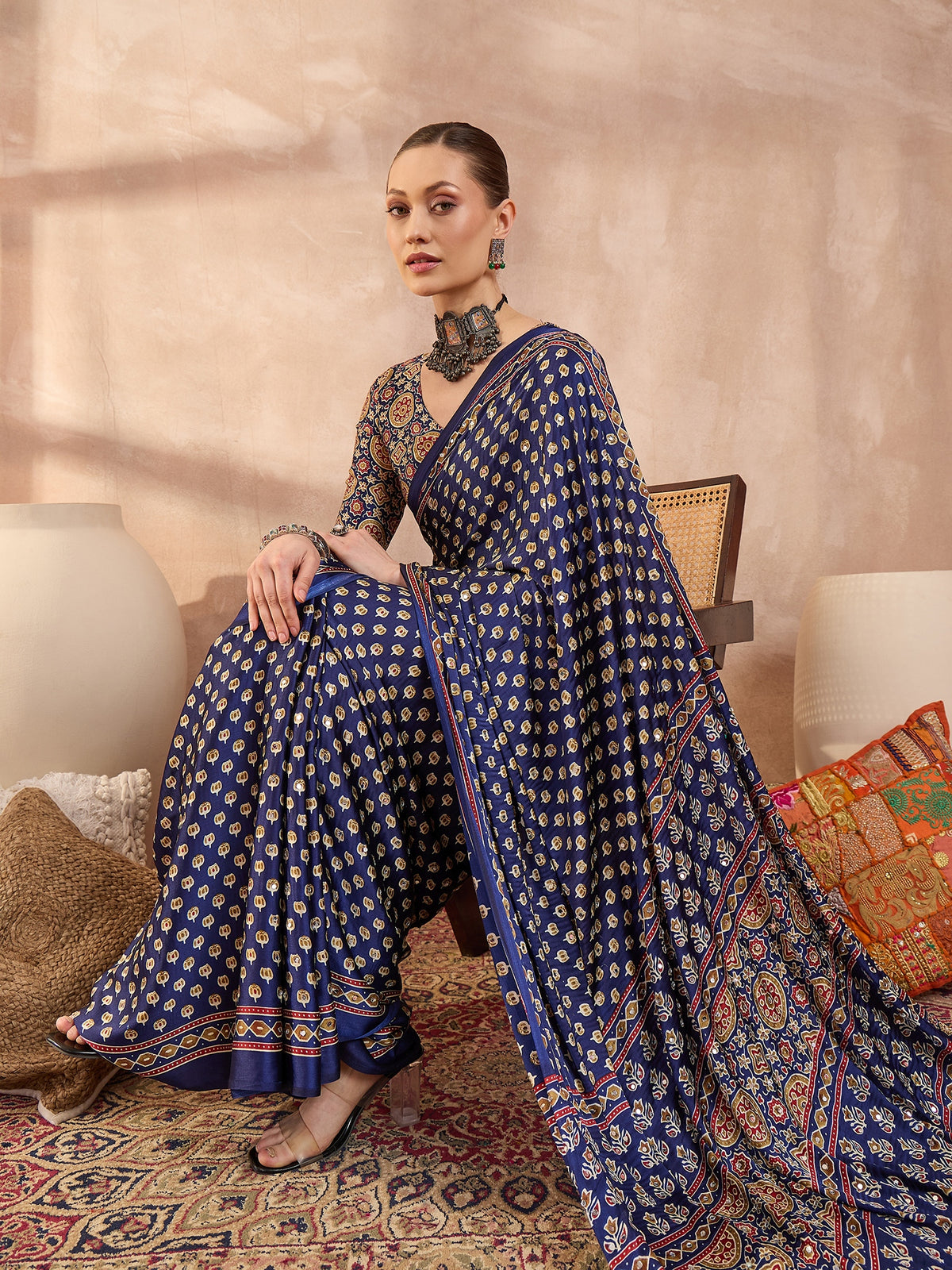 Blissful Function Wear Satin Silk Ajrak Print n Mirror Work Fancy Designer Saree With Blouse Piece