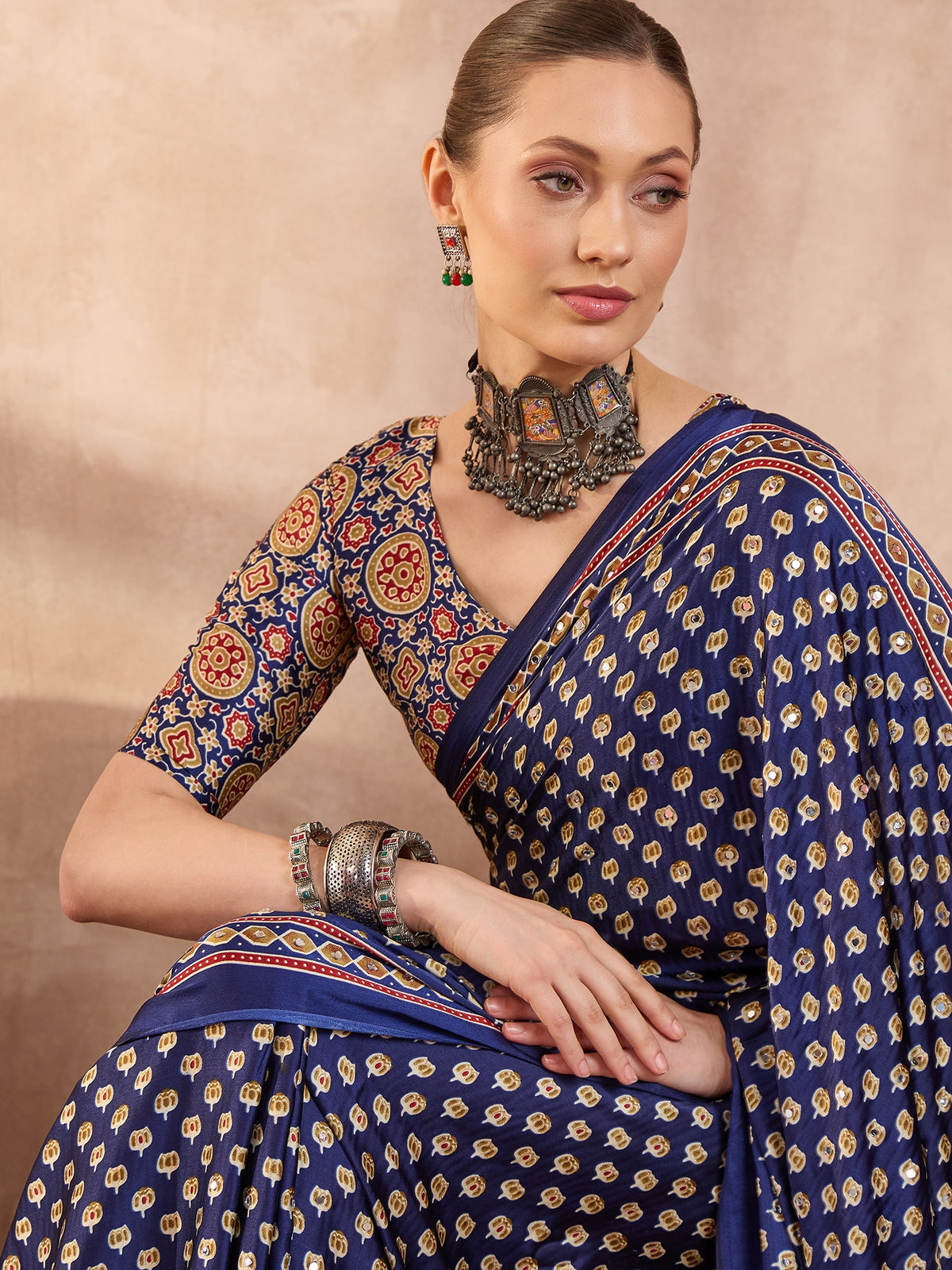 Blissful Function Wear Satin Silk Ajrak Print n Mirror Work Fancy Designer Saree With Blouse Piece