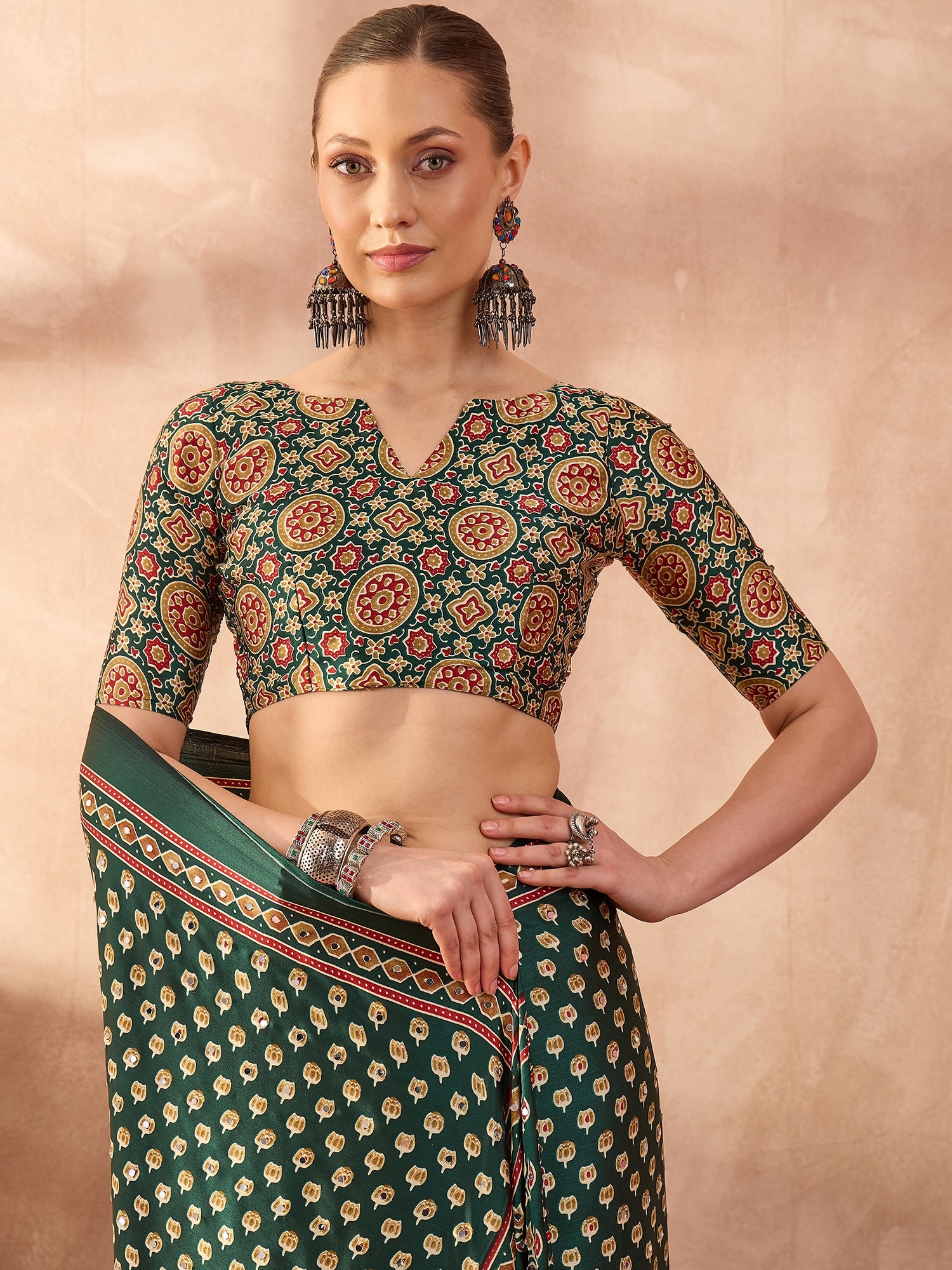 Gratifying Function Wear Pure Satin Silk Ajrak Print Rich Pallu n Mirror Work Designer Saree With Blouse Piece
