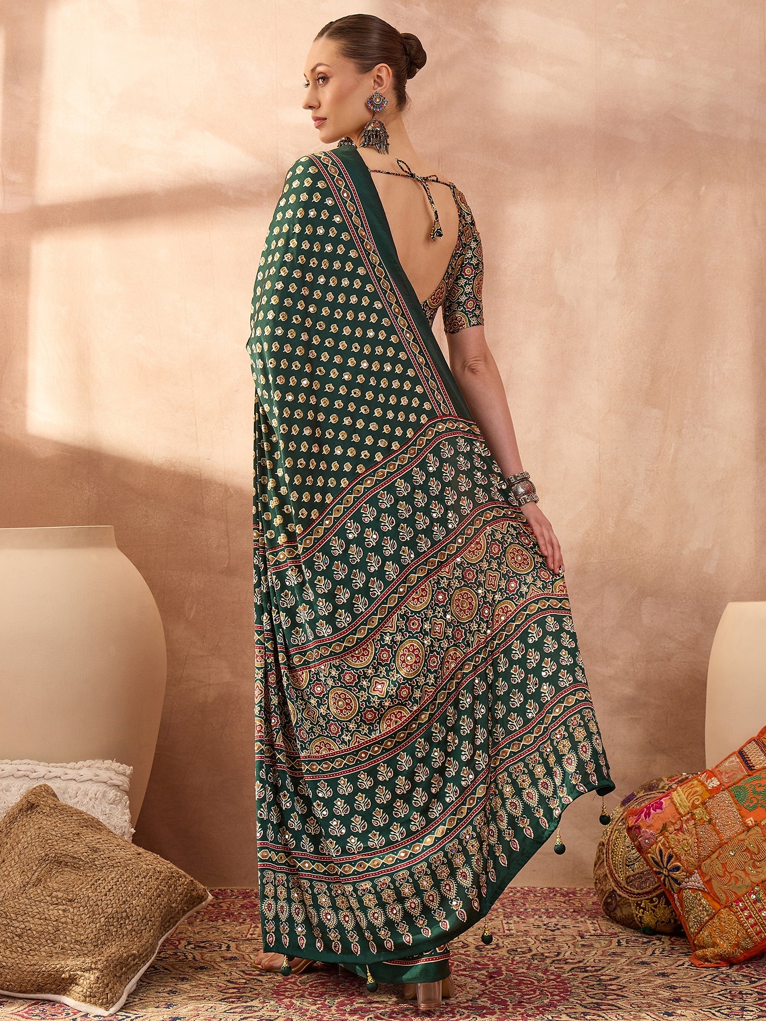 Gratifying Function Wear Pure Satin Silk Ajrak Print Rich Pallu n Mirror Work Designer Saree With Blouse Piece