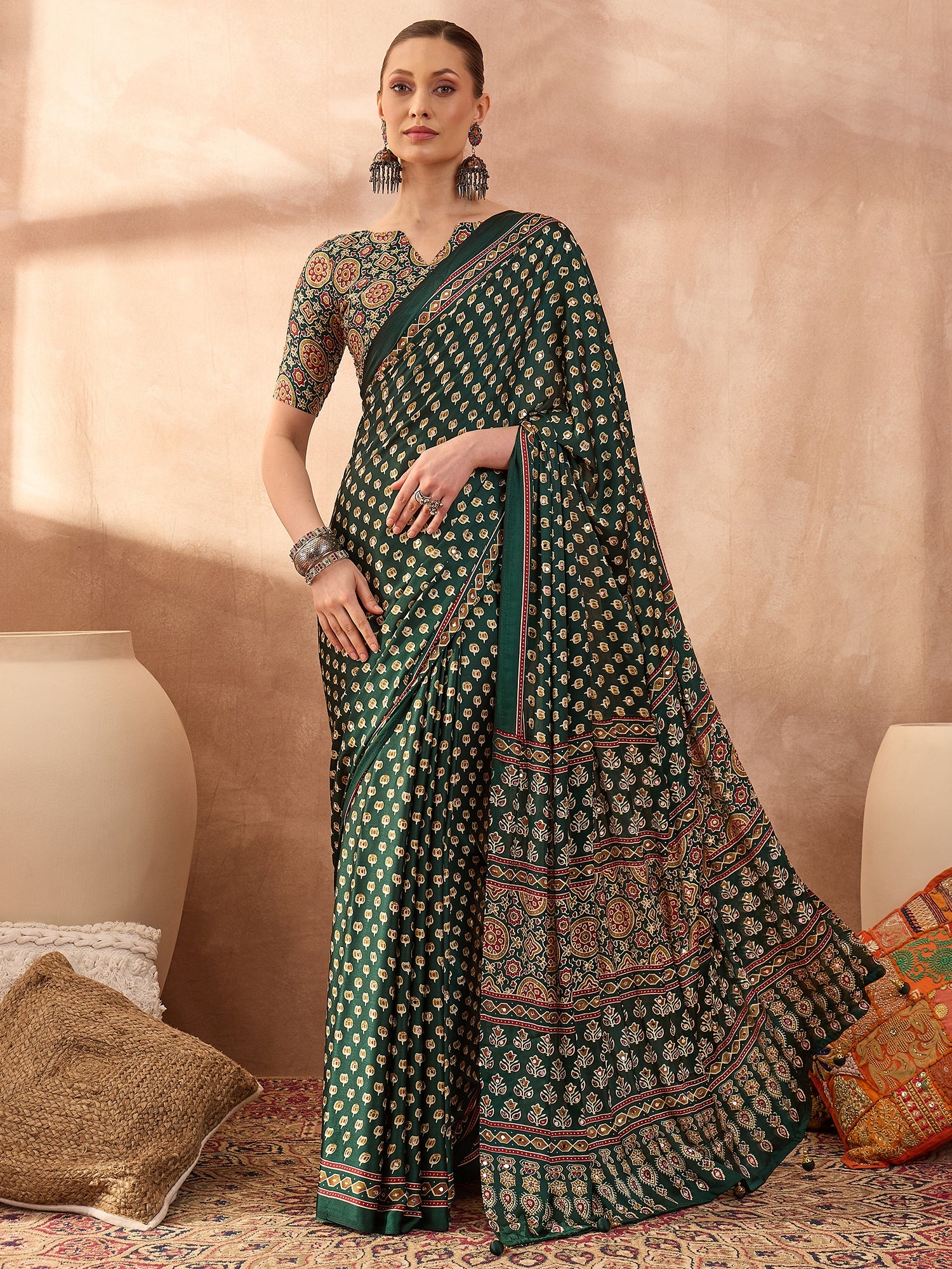 Gratifying Function Wear Pure Satin Silk Ajrak Print Rich Pallu n Mirror Work Designer Saree With Blouse Piece