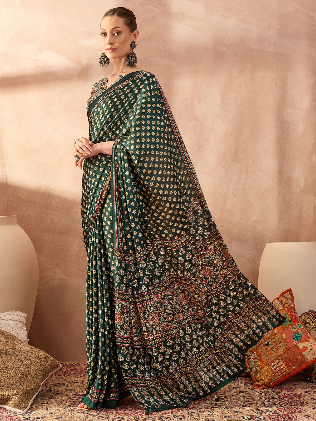 Gratifying Function Wear Pure Satin Silk Ajrak Print Rich Pallu n Mirror Work Designer Saree With Blouse Piece