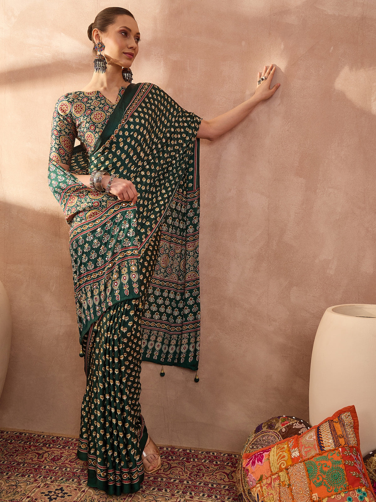 Gratifying Function Wear Pure Satin Silk Ajrak Print Rich Pallu n Mirror Work Designer Saree With Blouse Piece