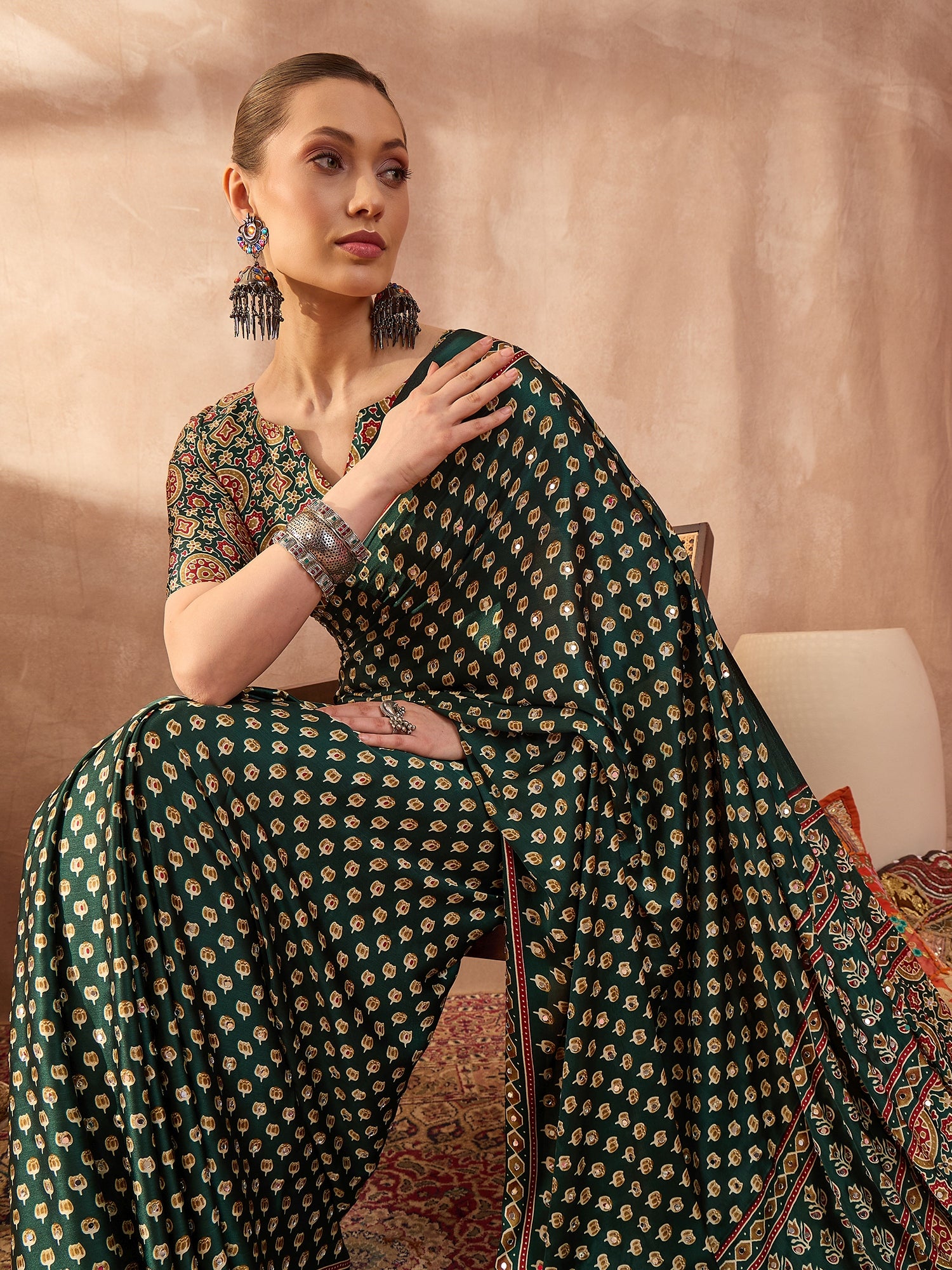 Gratifying Function Wear Pure Satin Silk Ajrak Print Rich Pallu n Mirror Work Designer Saree With Blouse Piece