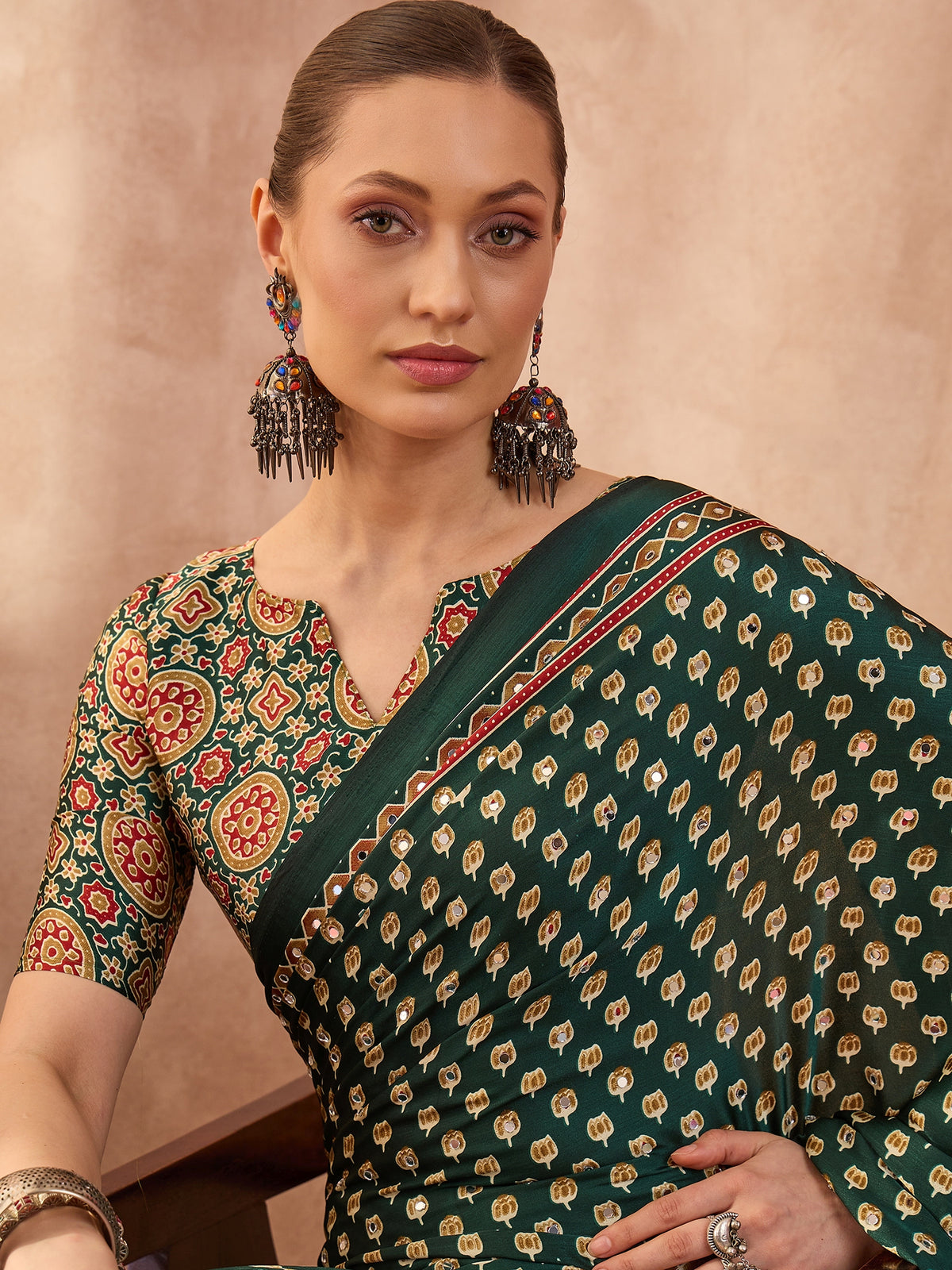 Gratifying Function Wear Pure Satin Silk Ajrak Print Rich Pallu n Mirror Work Designer Saree With Blouse Piece