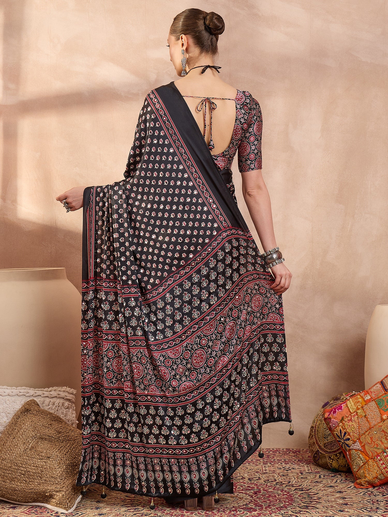 Gratifying Function Wear Pure Satin Silk Ajrak Print Rich Pallu n Mirror Work Designer Saree With Blouse Piece