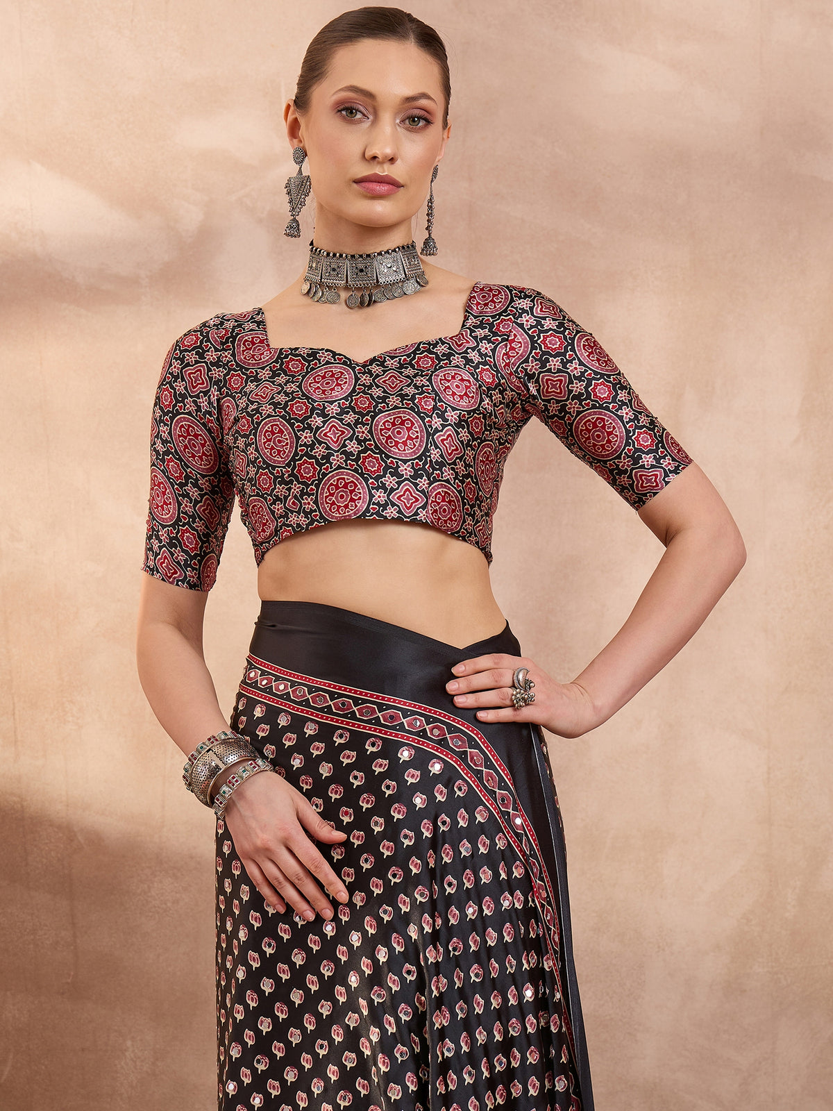 Gratifying Function Wear Pure Satin Silk Ajrak Print Rich Pallu n Mirror Work Designer Saree With Blouse Piece