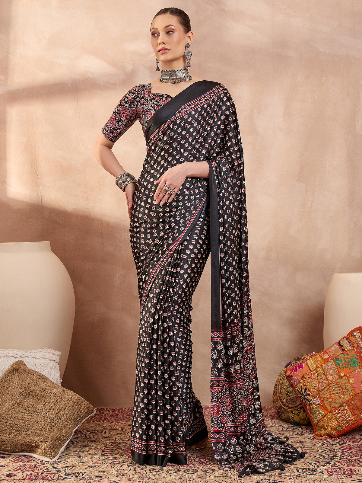 Gratifying Function Wear Pure Satin Silk Ajrak Print Rich Pallu n Mirror Work Designer Saree With Blouse Piece