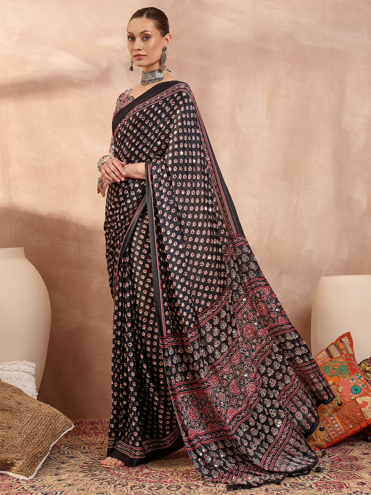 Gratifying Function Wear Pure Satin Silk Ajrak Print Rich Pallu n Mirror Work Designer Saree With Blouse Piece