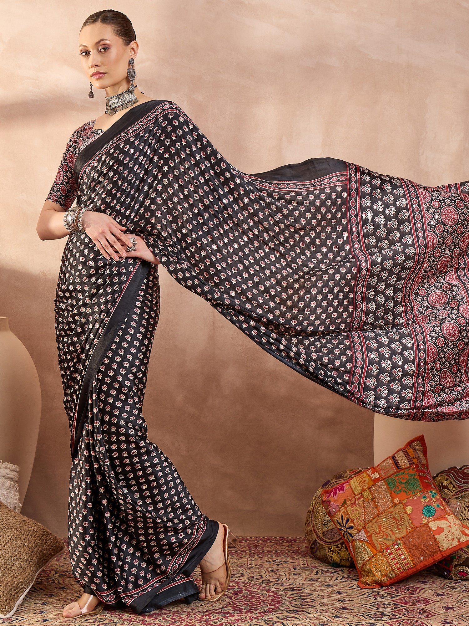 Gratifying Function Wear Pure Satin Silk Ajrak Print Rich Pallu n Mirror Work Designer Saree With Blouse Piece