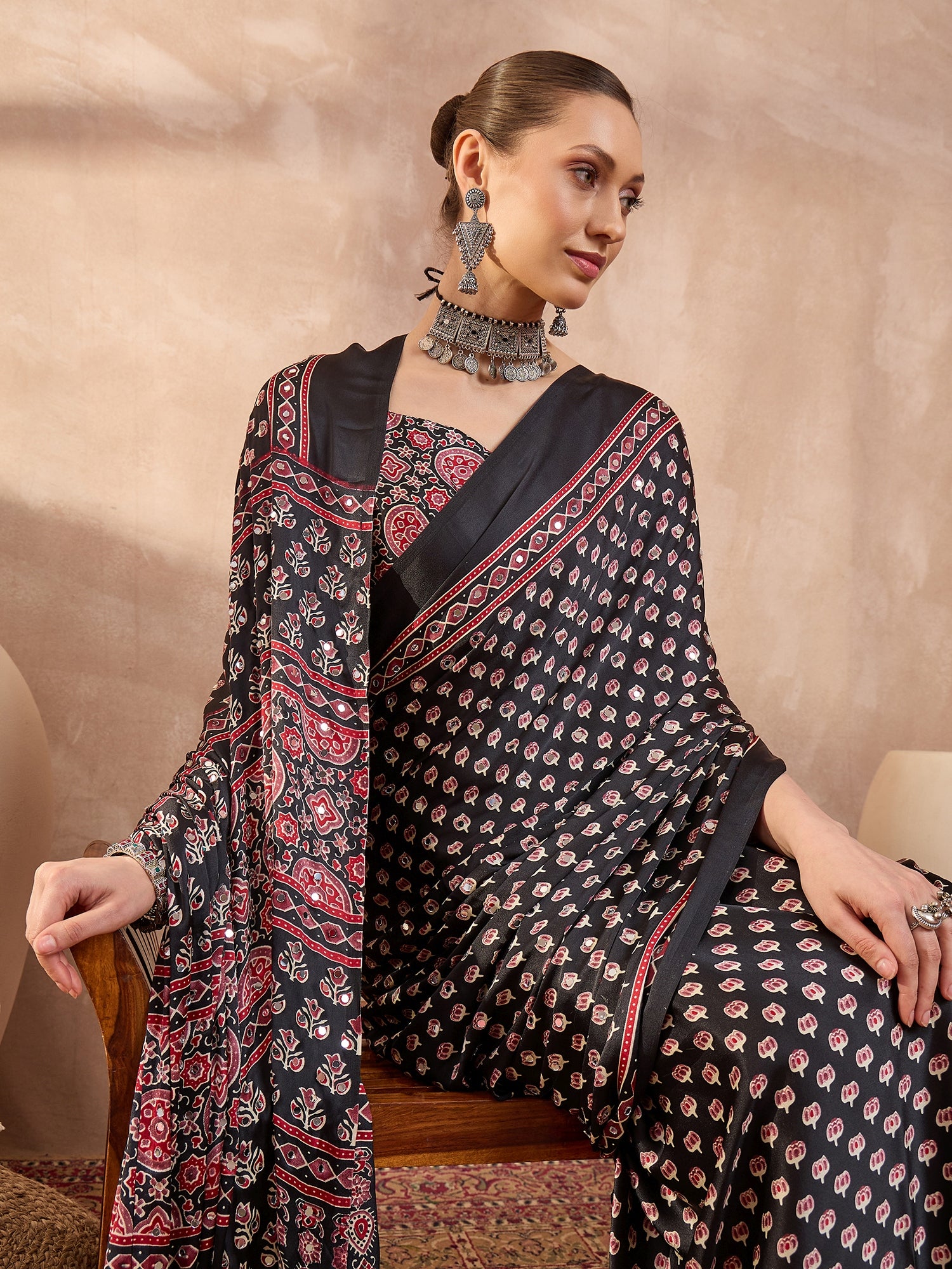 Gratifying Function Wear Pure Satin Silk Ajrak Print Rich Pallu n Mirror Work Designer Saree With Blouse Piece