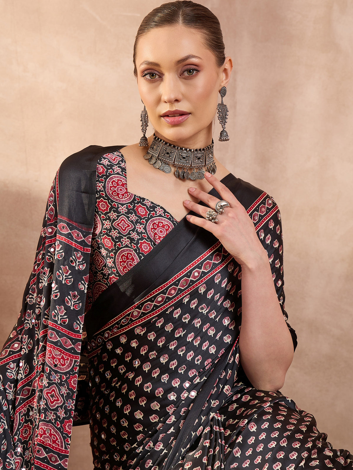 Gratifying Function Wear Pure Satin Silk Ajrak Print Rich Pallu n Mirror Work Designer Saree With Blouse Piece