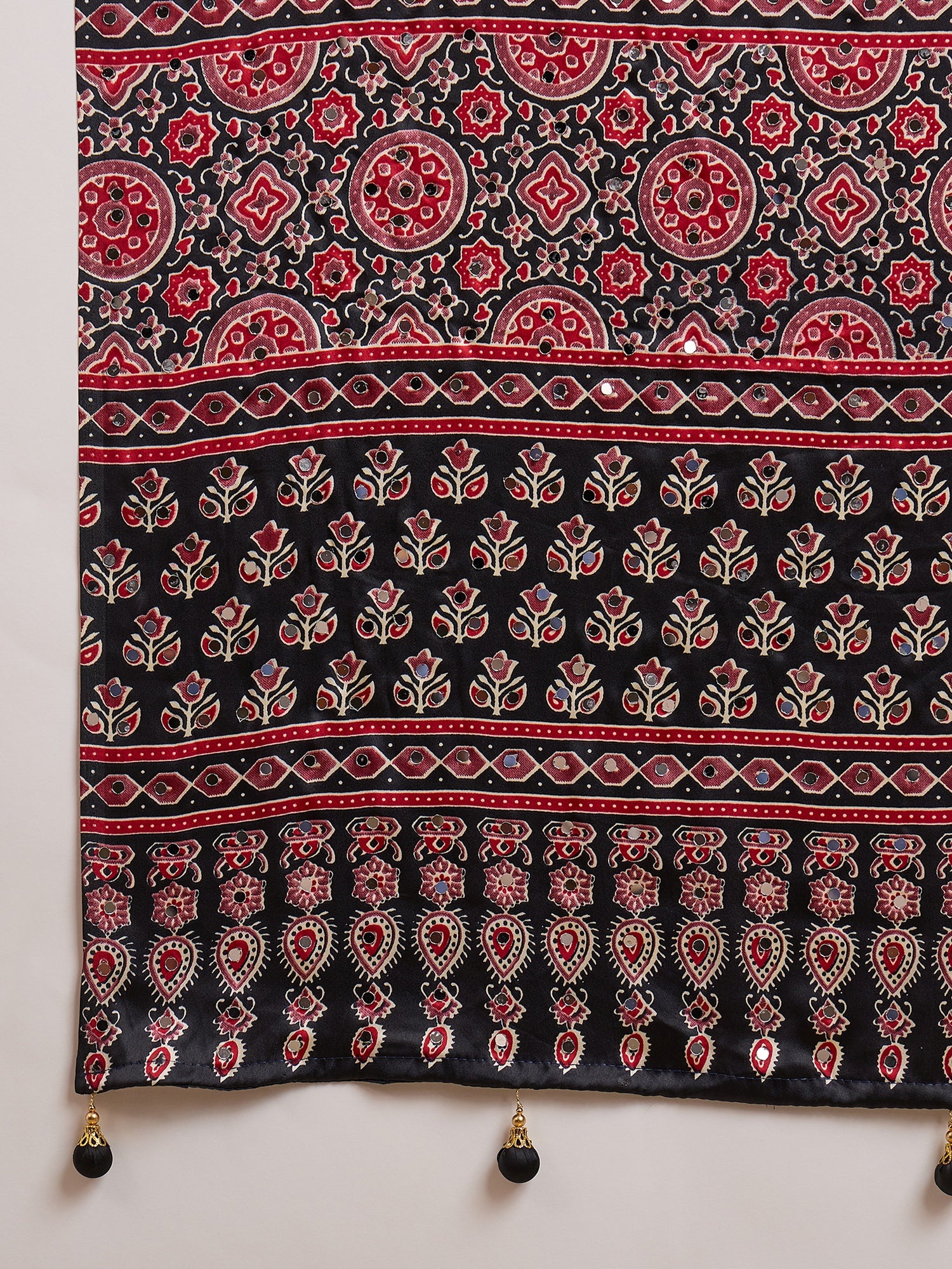 Gratifying Function Wear Pure Satin Silk Ajrak Print Rich Pallu n Mirror Work Designer Saree With Blouse Piece
