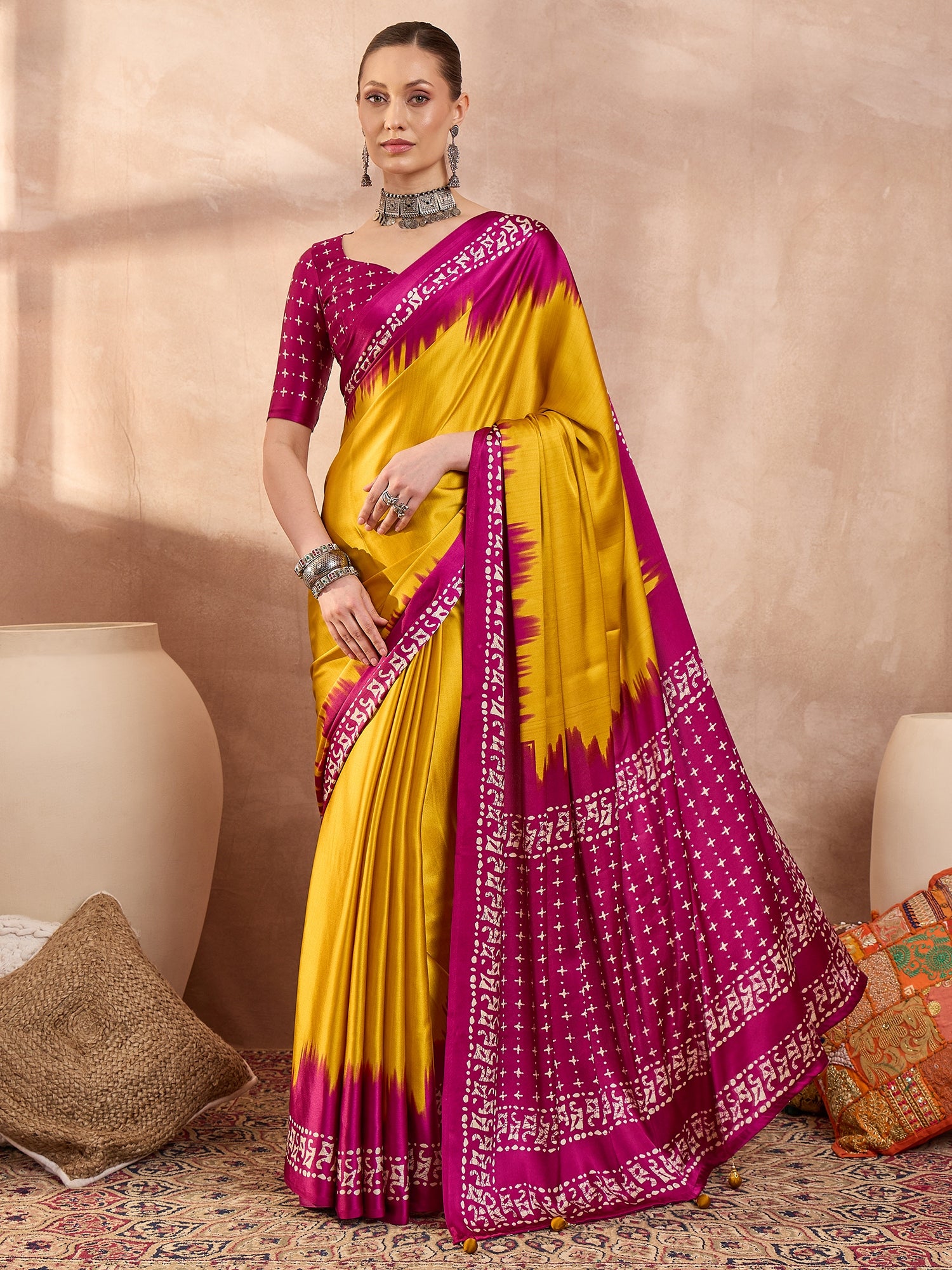 Divine Function Wear Silk Print Design Rich Pallu Fancy Saree With Unstitched Blouse