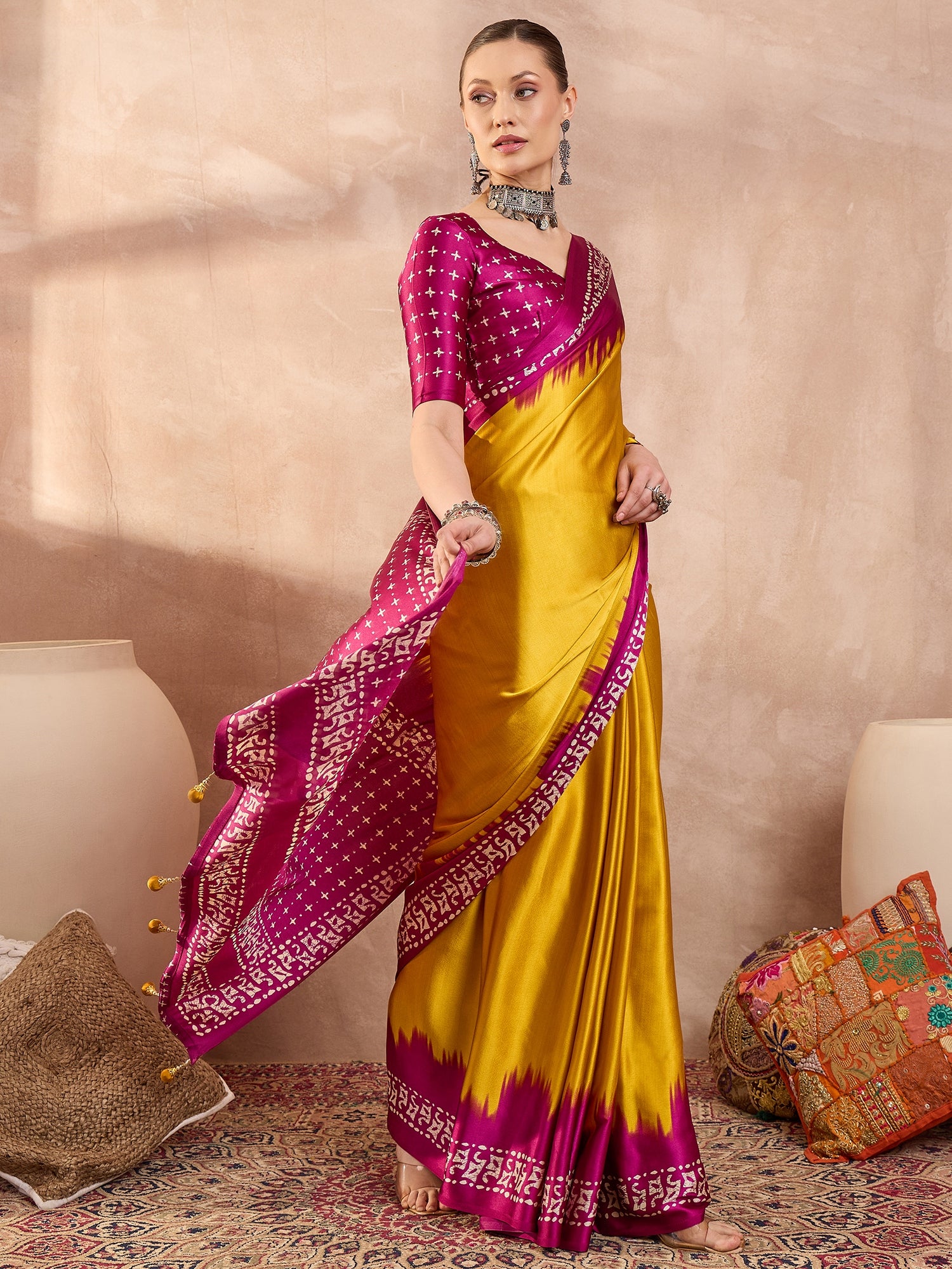 Divine Function Wear Silk Print Design Rich Pallu Fancy Saree With Unstitched Blouse